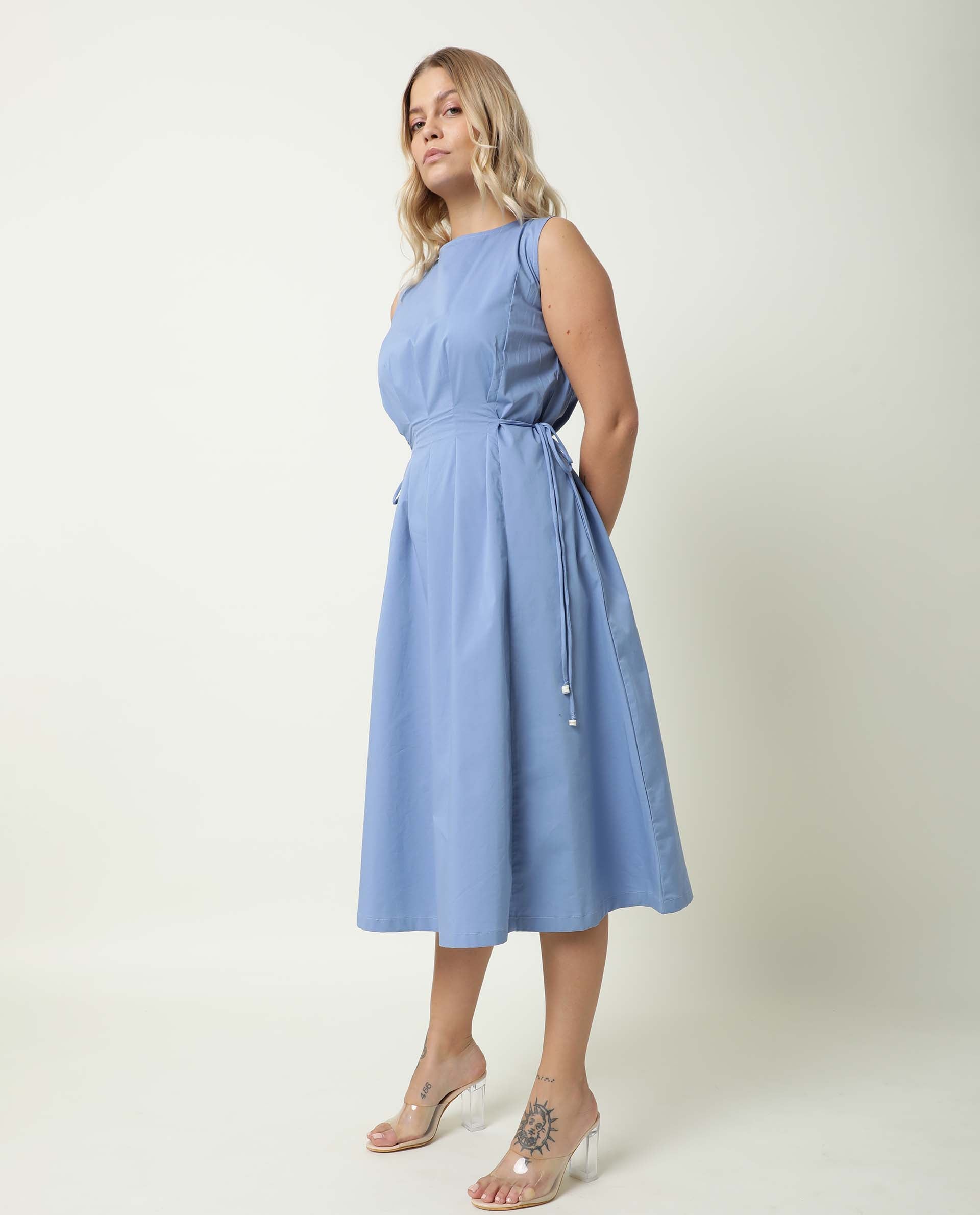 Rareism Women Zippo Blue Boat Neck Sleeveless Waist Drawstring With Back Button Closure And Pockets Midi Dress