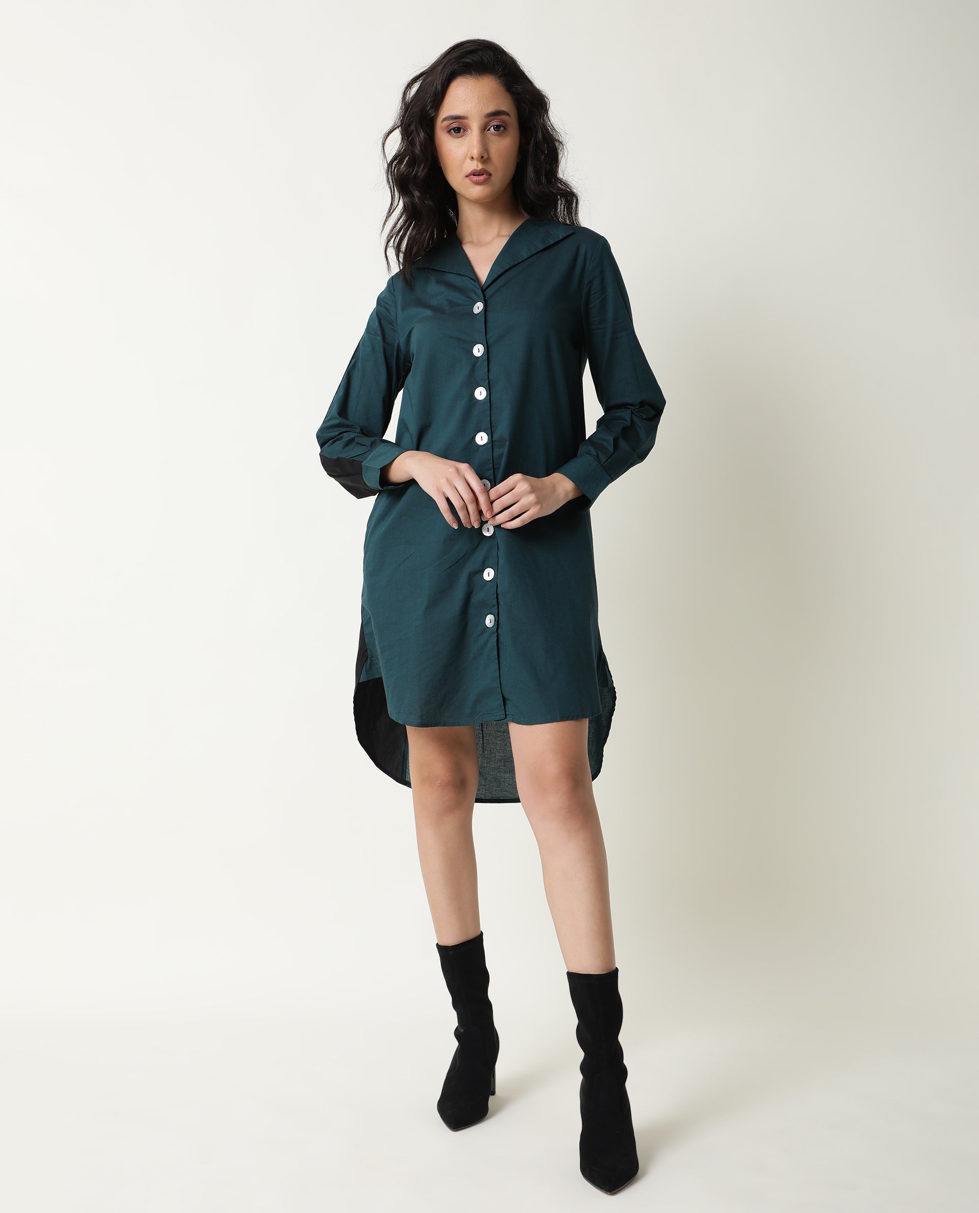 Rareism Women Tally Petrol Overlap Lapel Collar Full Sleeves Front Button Placket Pocket Asymmetrical Knee Length Dress