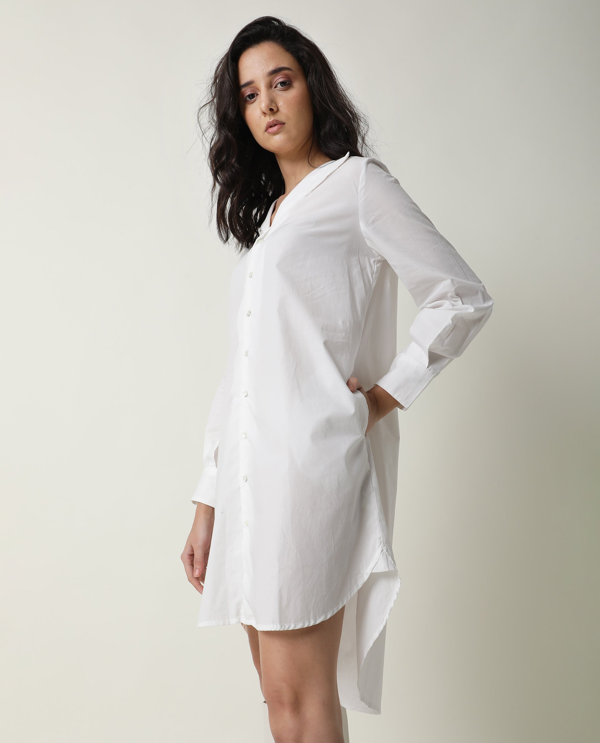 Rareism Women Tally White Cotton Fabric Full Sleeves Collared Neck Solid Short Dress