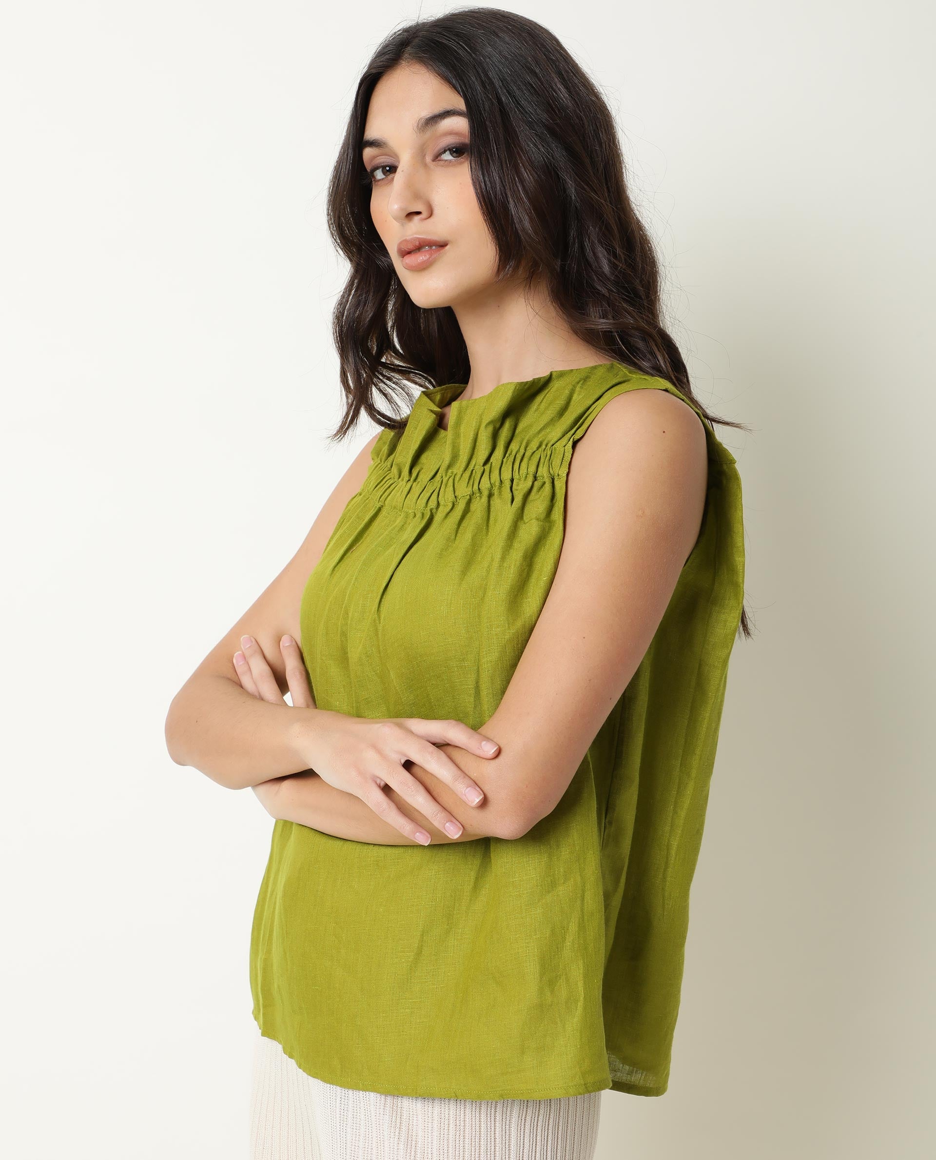 Rareism Womens Flash Green Top Cotton Linen Fabric Regular Fit Sleeveless Ruffled Neck