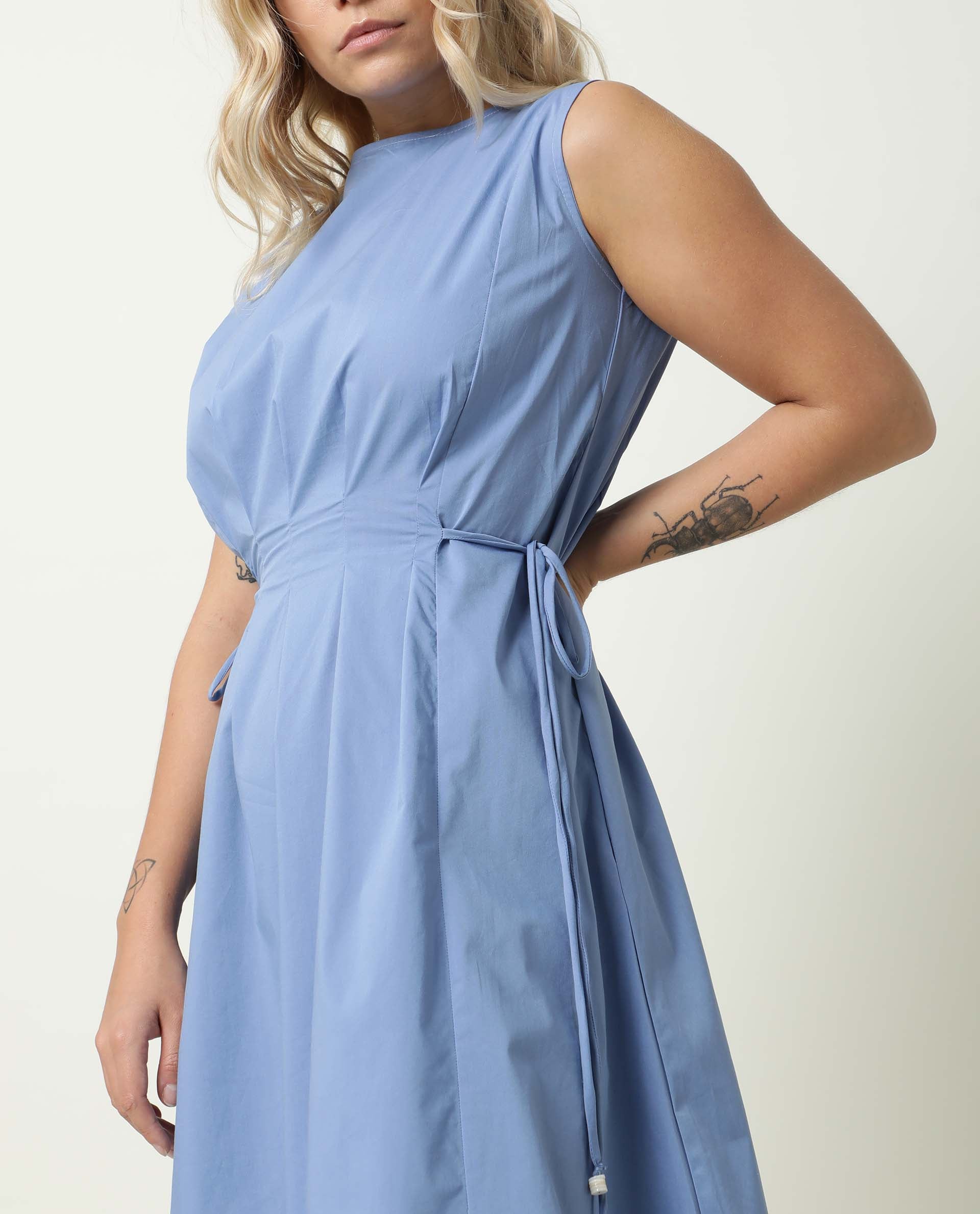 Rareism Women Zippo Blue Boat Neck Sleeveless Waist Drawstring With Back Button Closure And Pockets Midi Dress