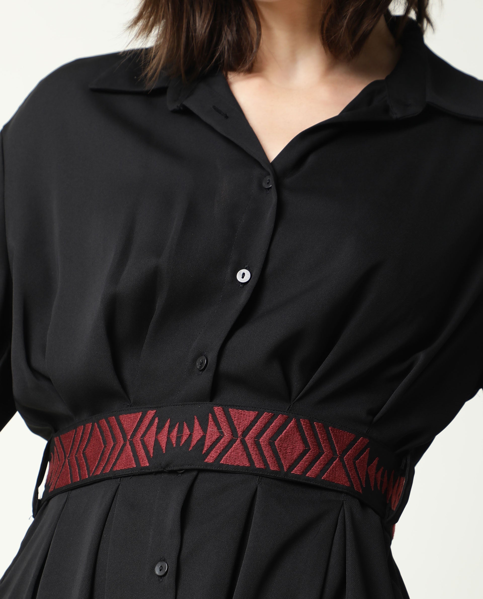 Rareism Women Shroff Black Shirt Collar Short Sleeves Front Full Button Placket With Pockets Midi Dress