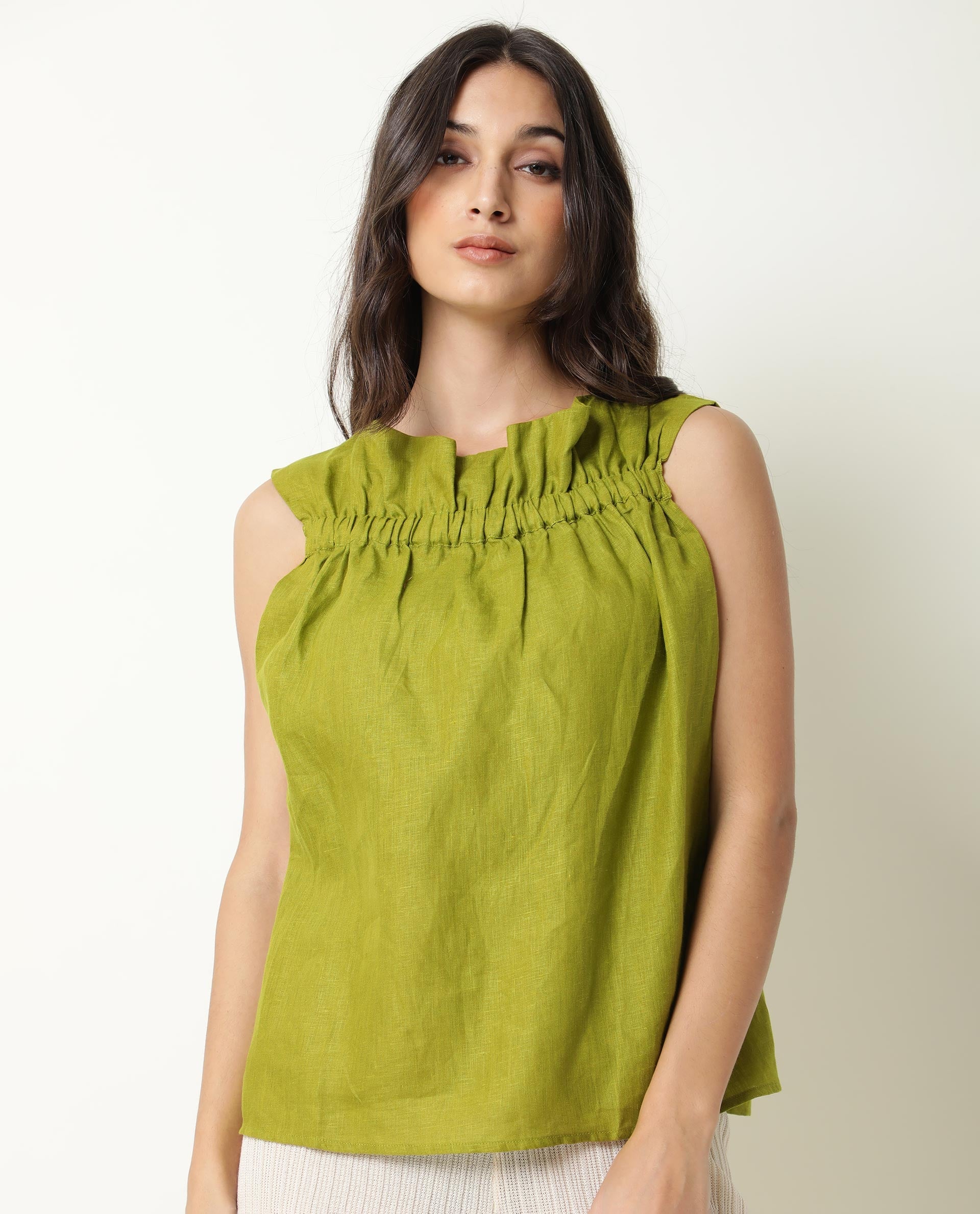 Rareism Womens Flash Green Top Cotton Linen Fabric Regular Fit Sleeveless Ruffled Neck