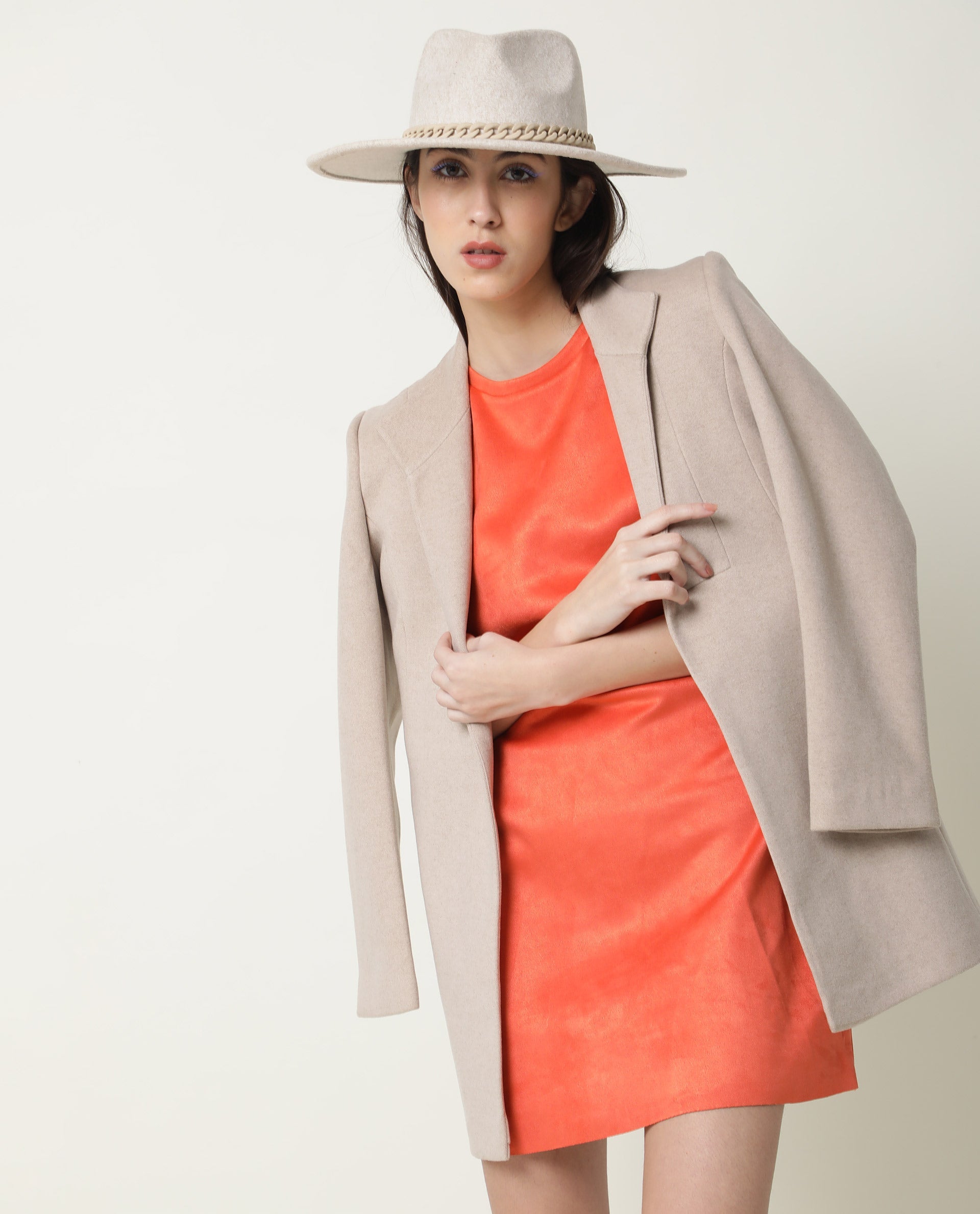 Rareism Women Sions Orange Round Neck Short Sleeves Pseudo Side Pockets Mini Dress