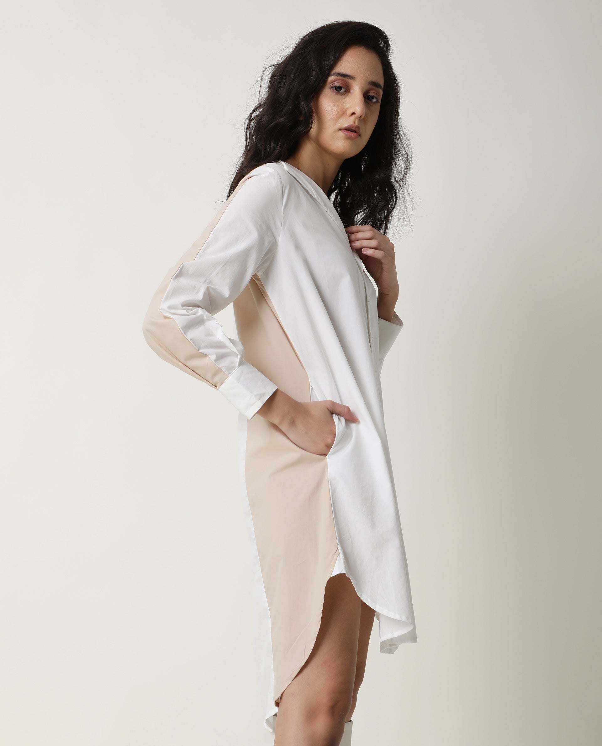 Rareism Women Tally White Cotton Fabric Full Sleeves Collared Neck Solid Short Dress