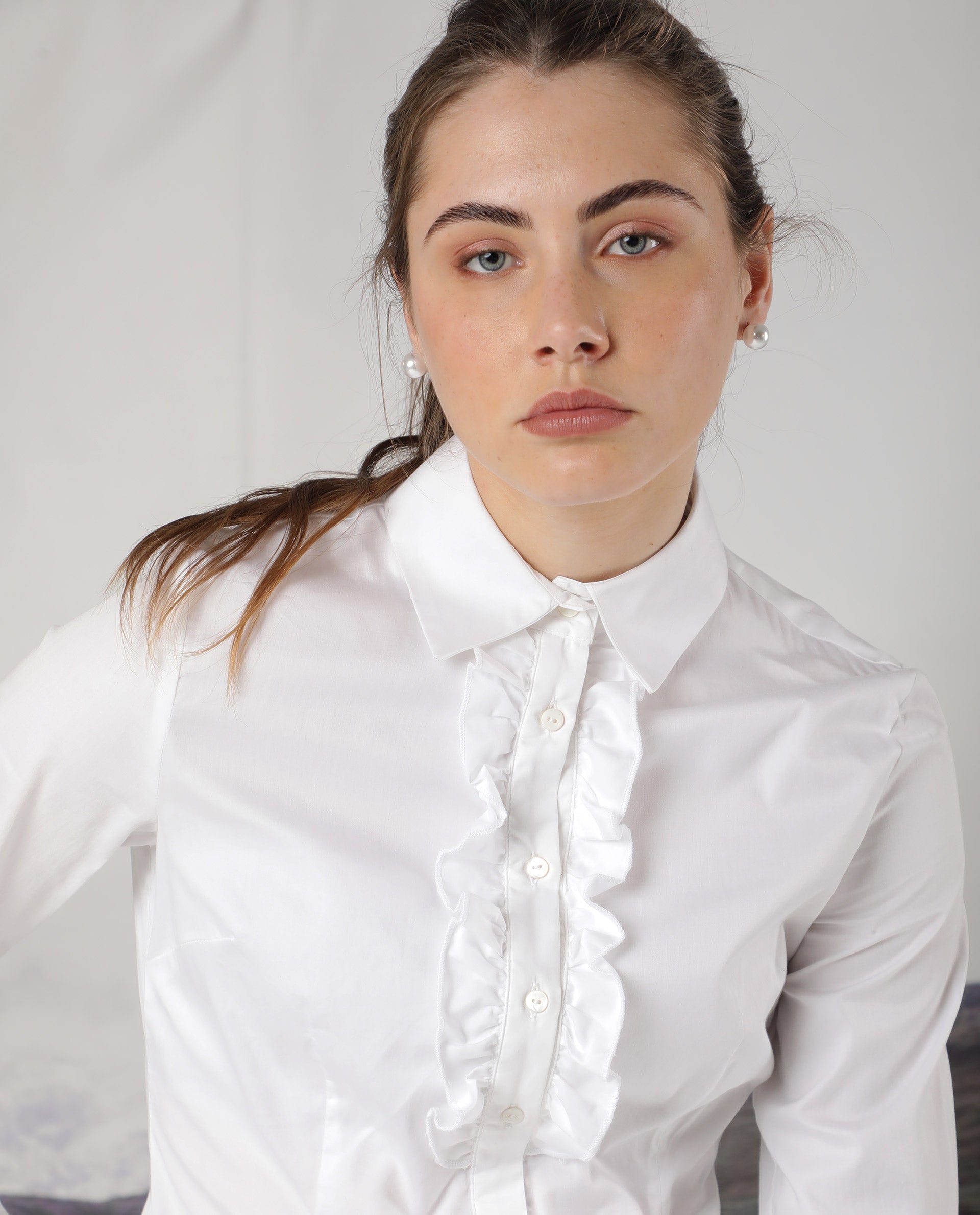 Rareism Women Aubrey White Cotton Fabric Full Sleeves Button Closure Shirt Collar Regular Fit Plain Top