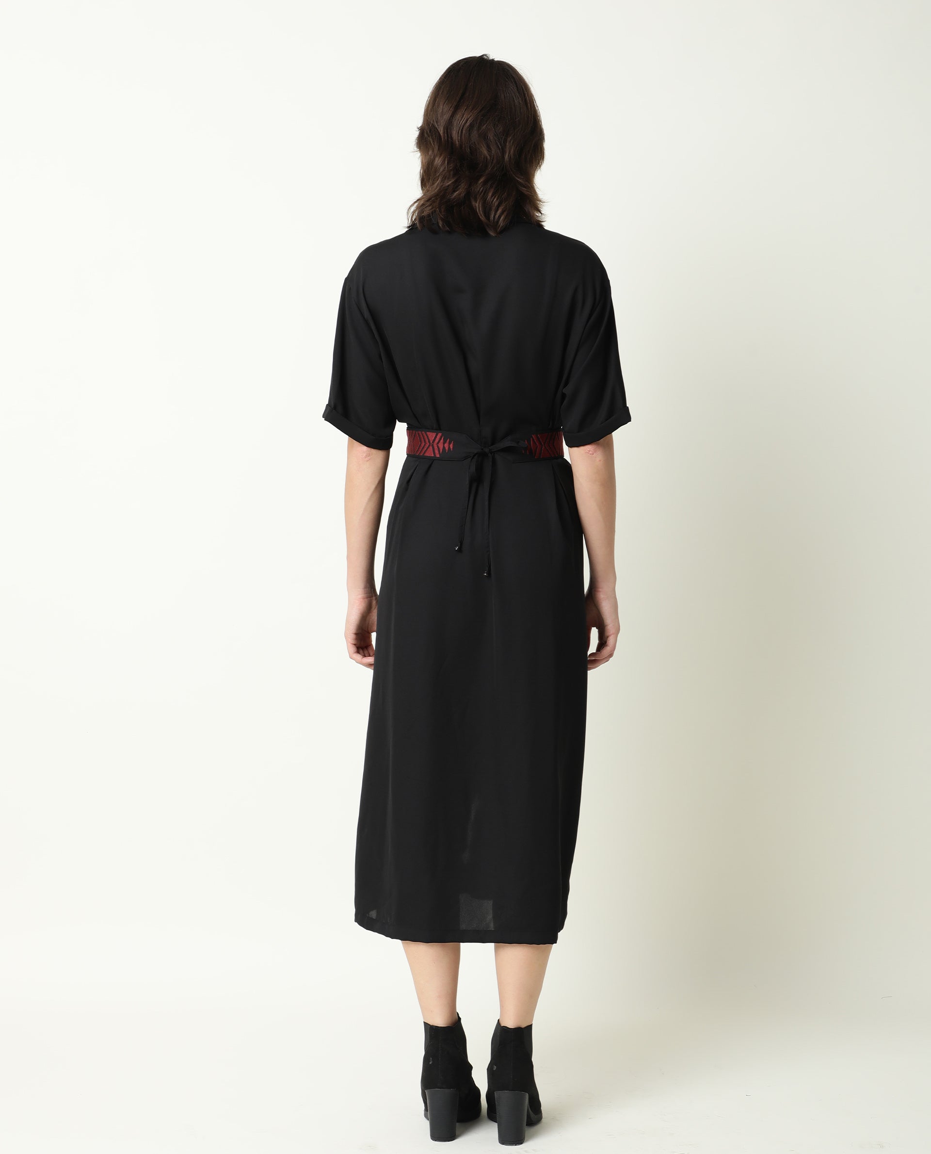 Rareism Women Shroff Black Shirt Collar Short Sleeves Front Full Button Placket With Pockets Midi Dress