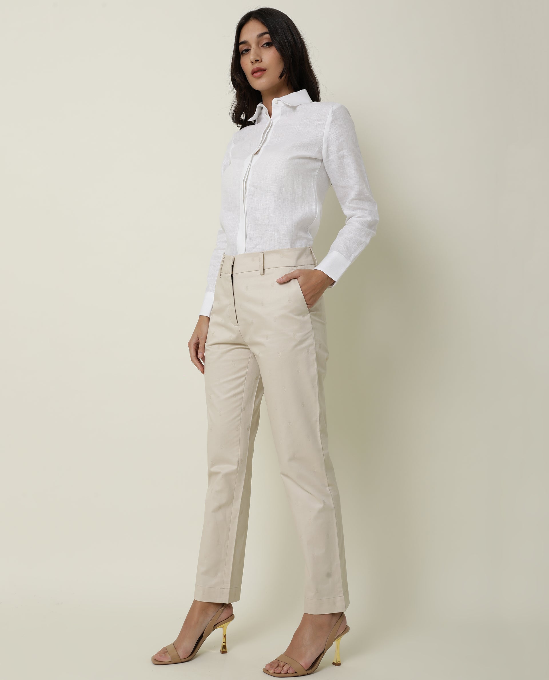 Rareism Women Odyssey Beige Viscose Fabric Tailored Fit High Rise Solid Ankle Length Trousers