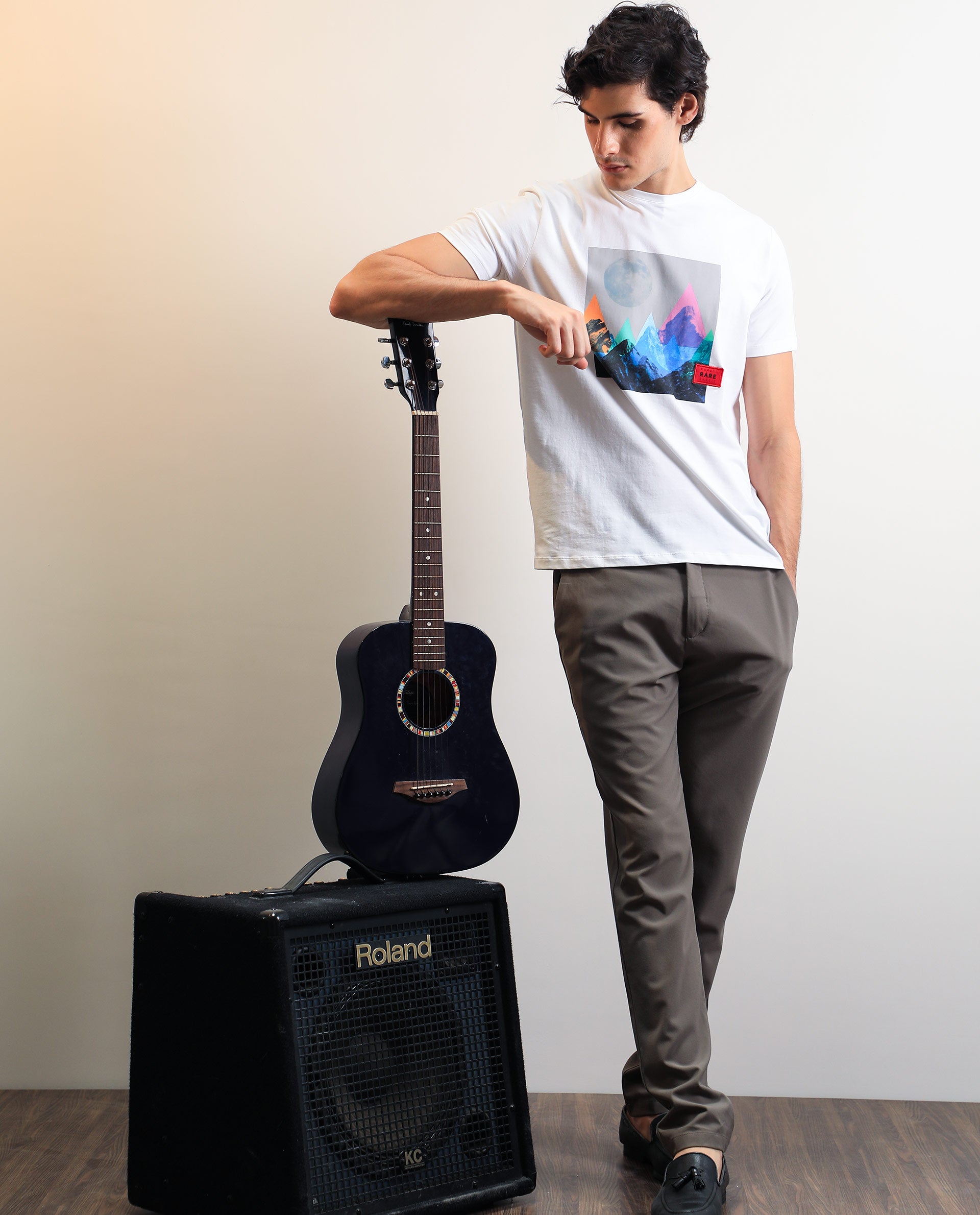 Rare Rabbit Men's Oden White Crew Neck Abstract Graphic Printed Half Sleeves Slim Fit T-Shirt