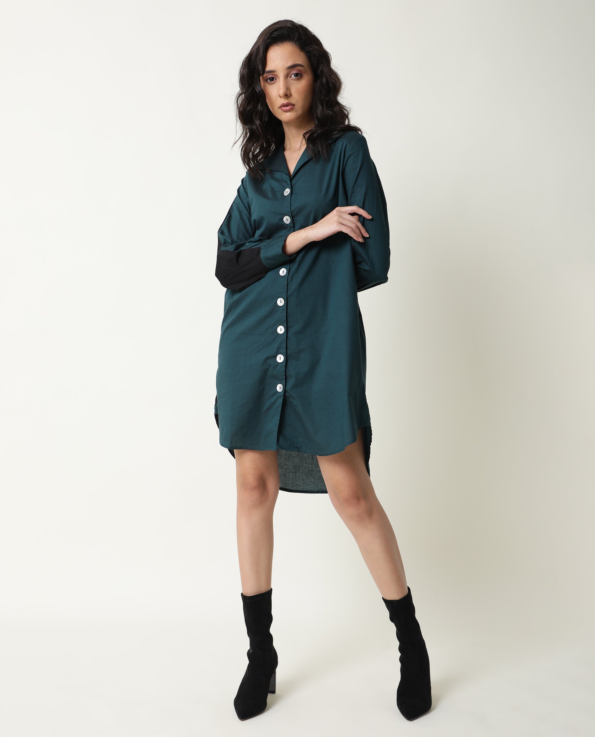Rareism Women Tally Petrol Overlap Lapel Collar Full Sleeves Front Button Placket Pocket Asymmetrical Knee Length Dress