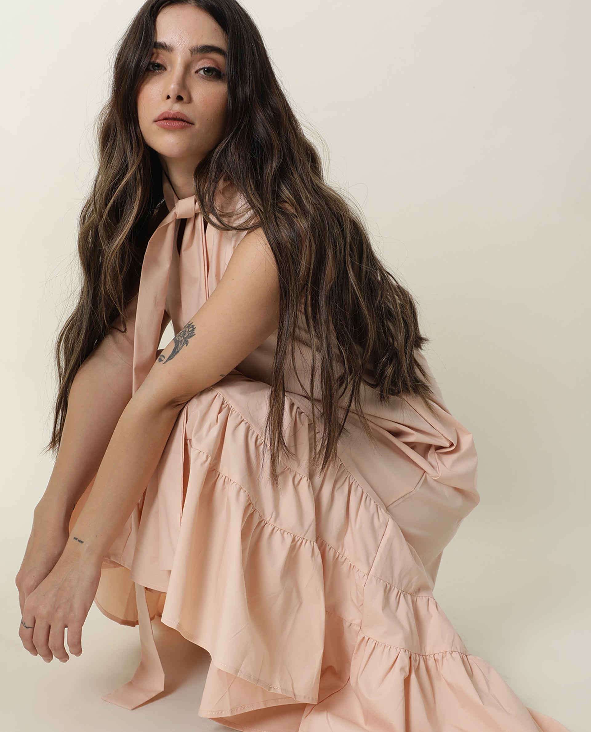 Rareism Women Gino Light Peach Tie Up Neck Sleeveless With Ruffled Hem And Pockets Maxi Dress