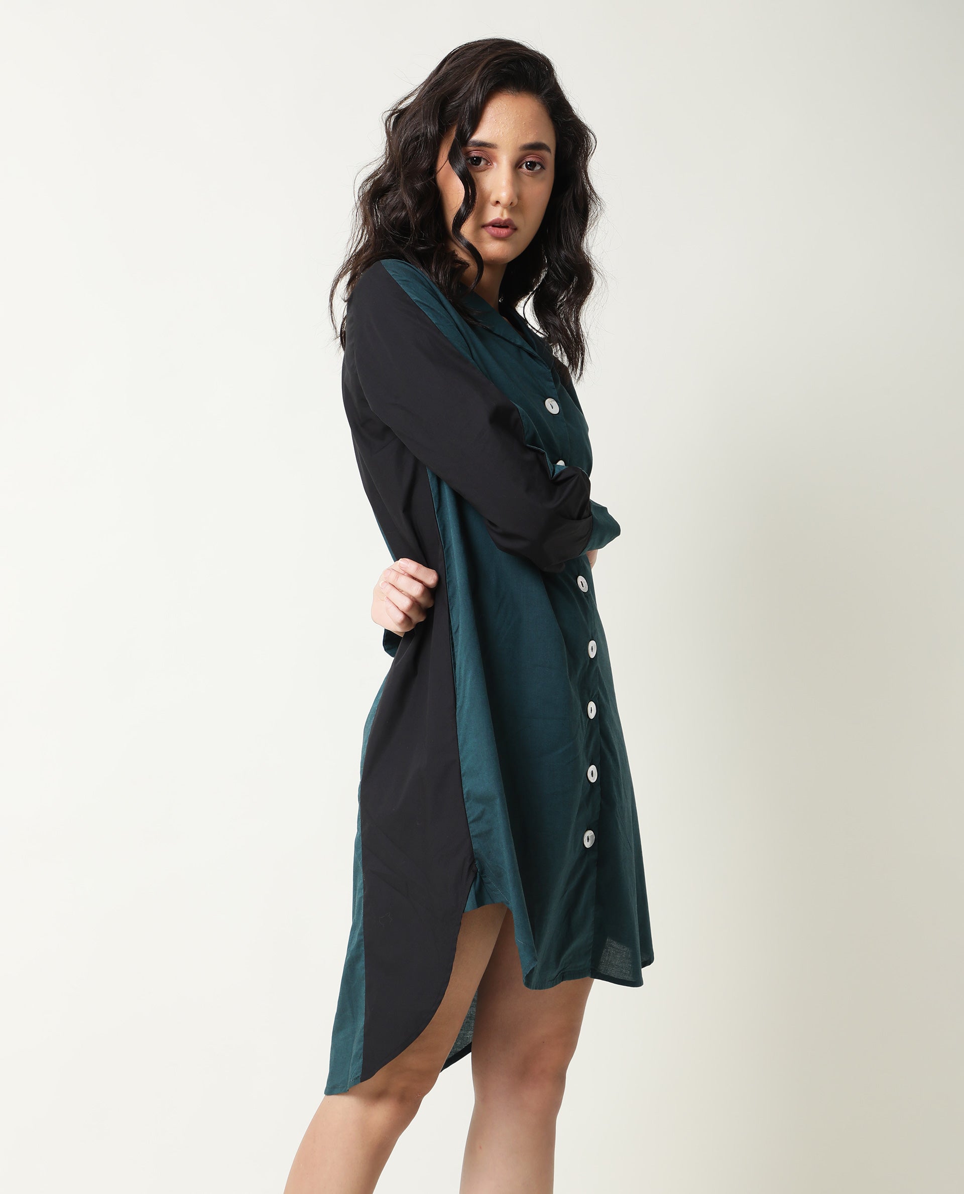 Rareism Women Tally Petrol Overlap Lapel Collar Full Sleeves Front Button Placket Pocket Asymmetrical Knee Length Dress