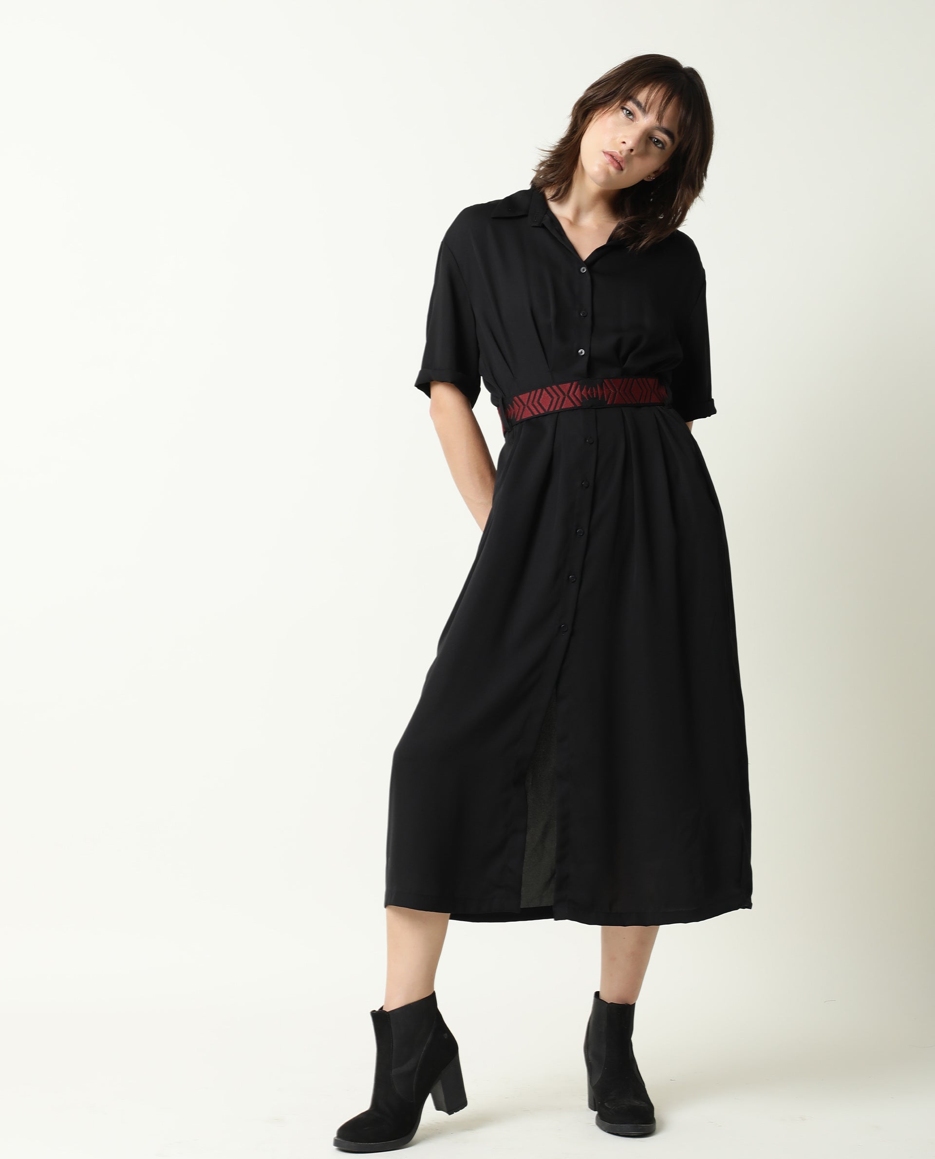 Rareism Women Shroff Black Shirt Collar Short Sleeves Front Full Button Placket With Pockets Midi Dress