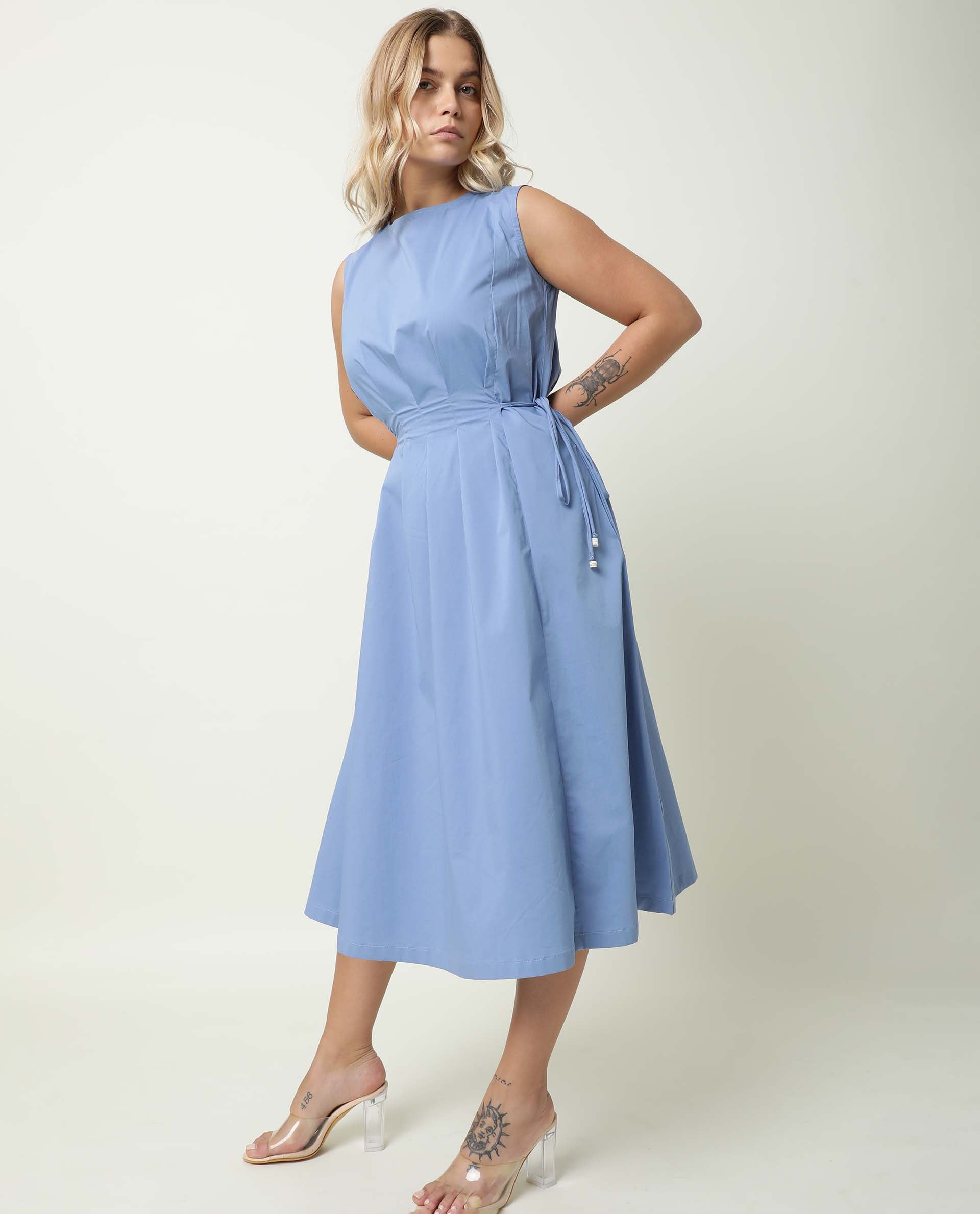 Rareism Women Zippo Blue Boat Neck Sleeveless Waist Drawstring With Back Button Closure And Pockets Midi Dress