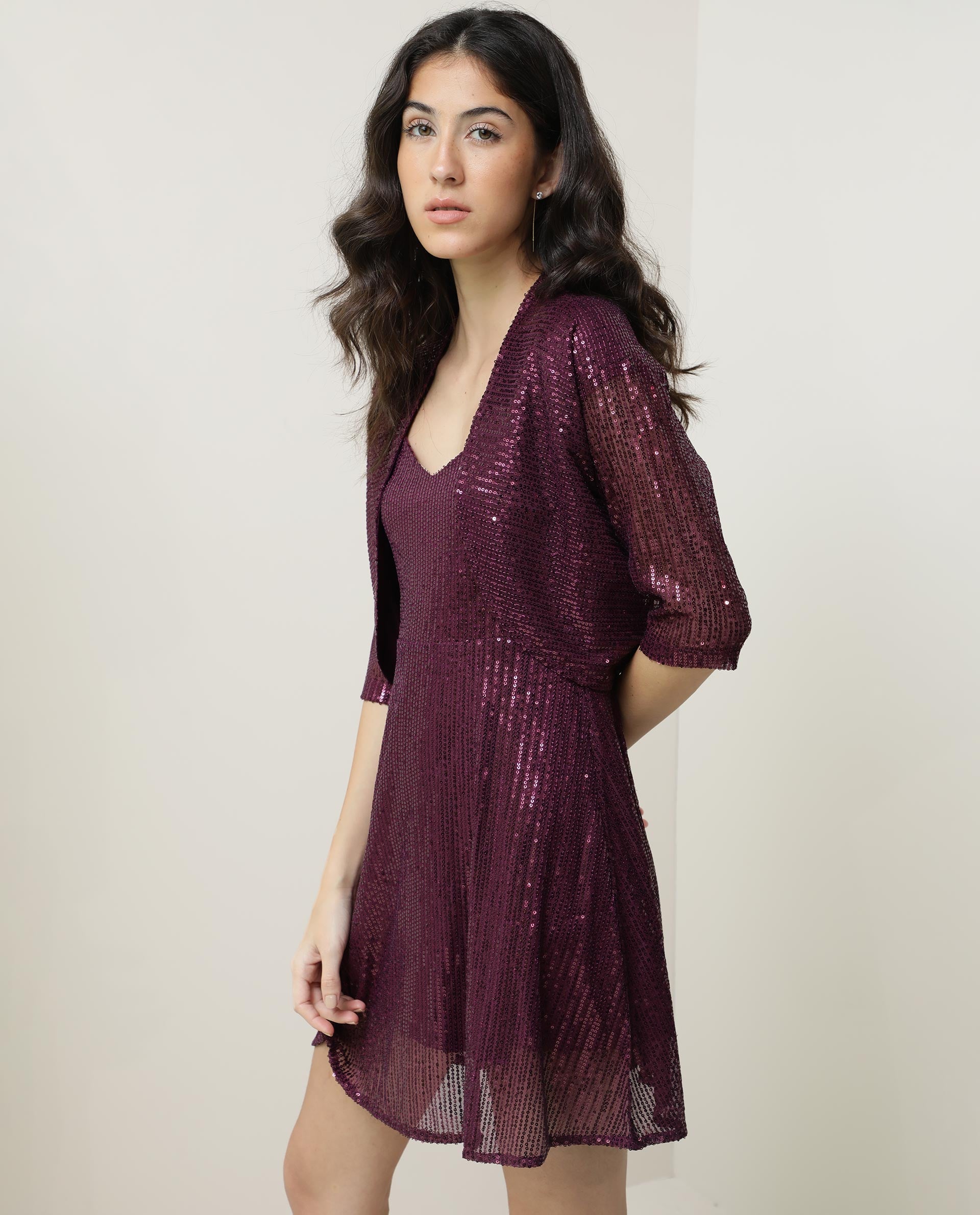 Rareism Women Agog Dark Maroon Nylon Fabric 3/4Th Sleeves Solid Collarless Knee Length Shrug