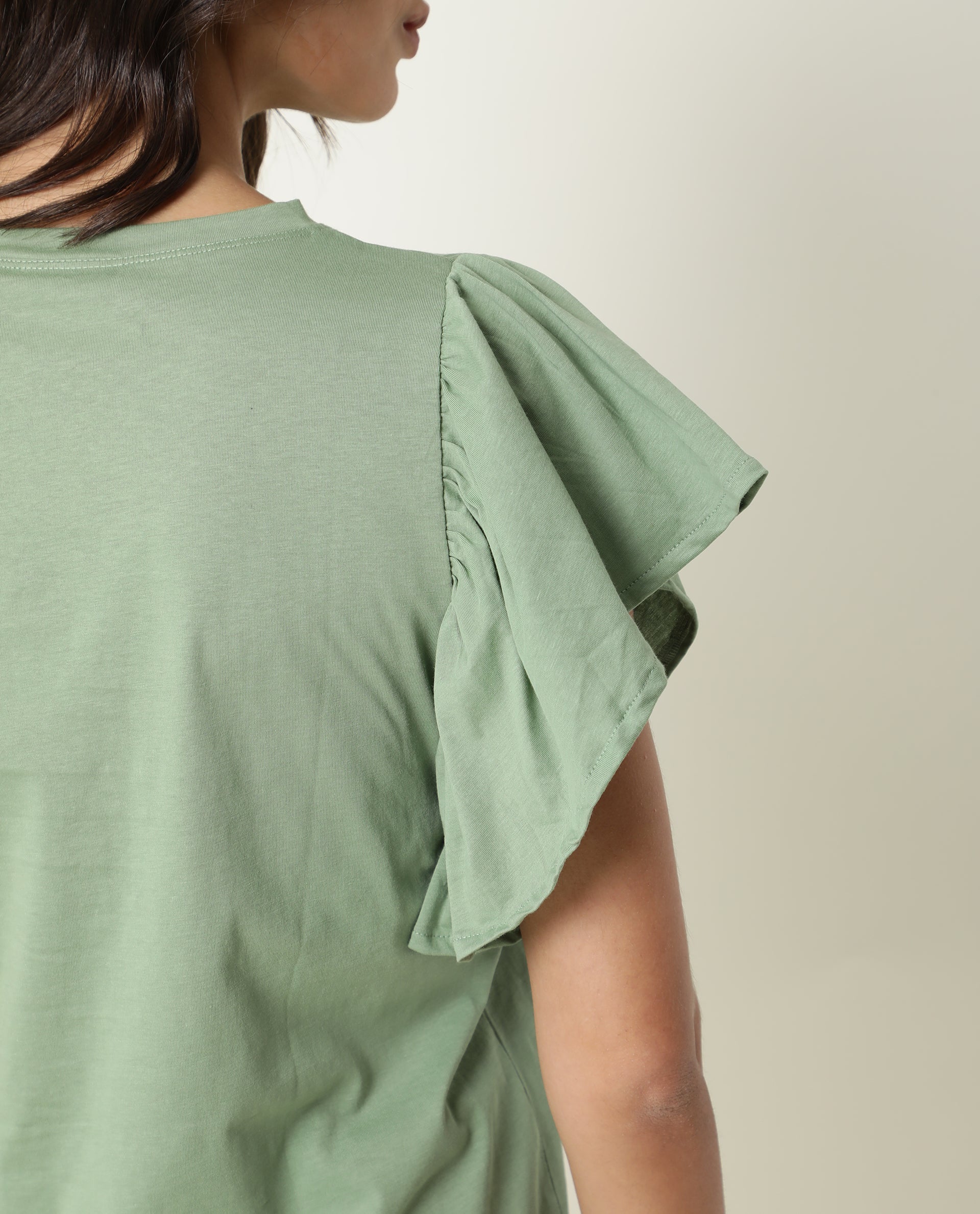 Rareism Womens Yatch Green Top Cotton Fabric Regular Fit Ruffled Sleeves Crew Neck