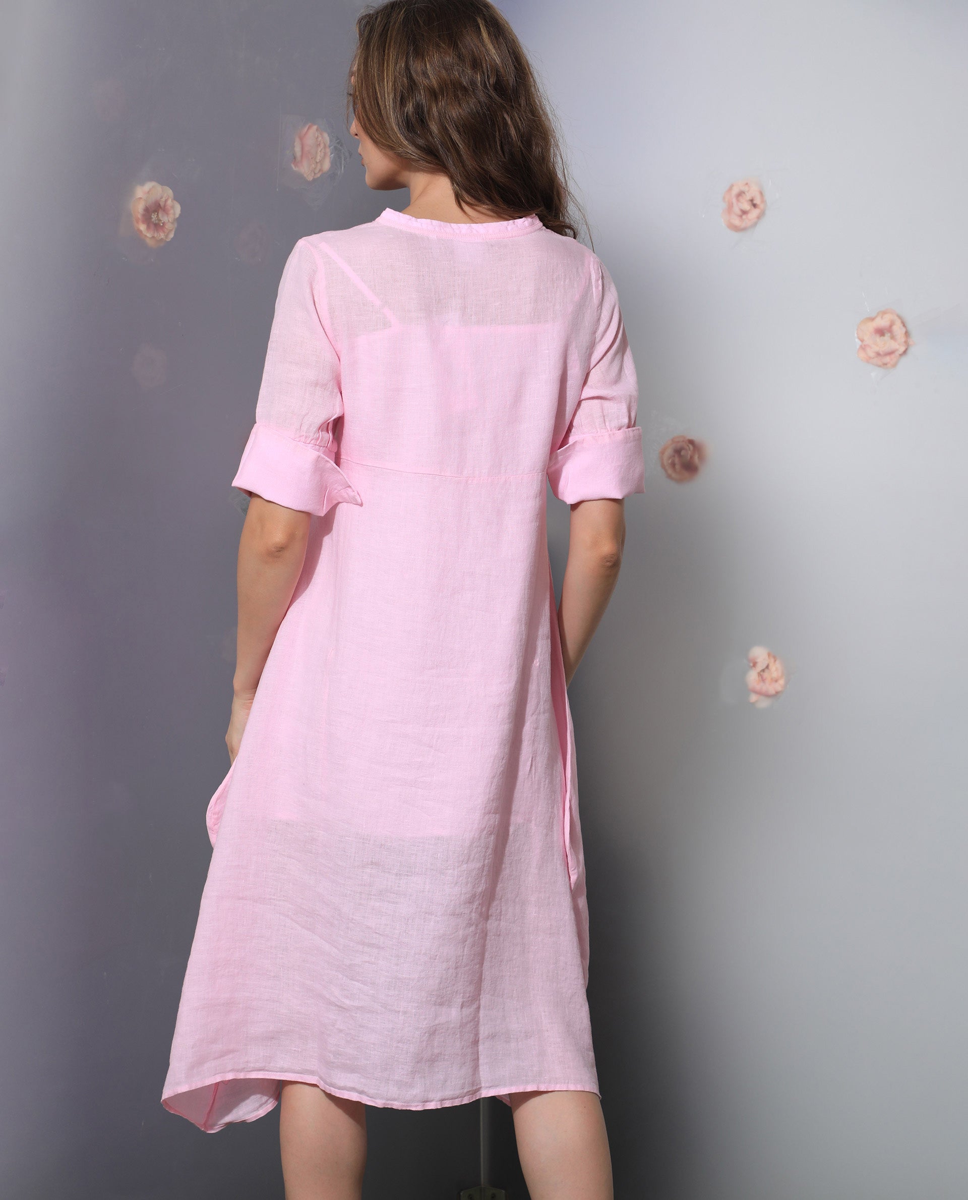 Rareism Women Chreey 1 Pink V Neck Tie-Up 3/4 Sleeves Symmetrical Knee Length Dress
