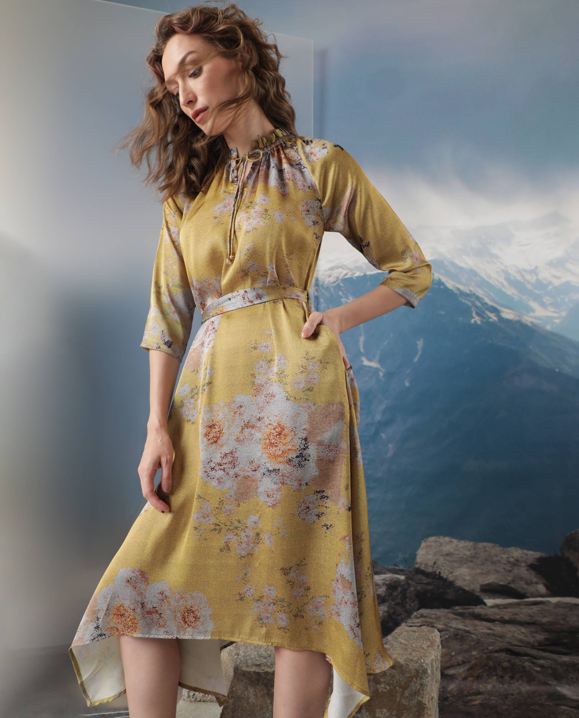 Rareism Women Journee Dark Yellow Polyester Fabric 3/4Th Sleeves Ruffled Neck Regular Fit Floral Print Midi Asymmetric Dress