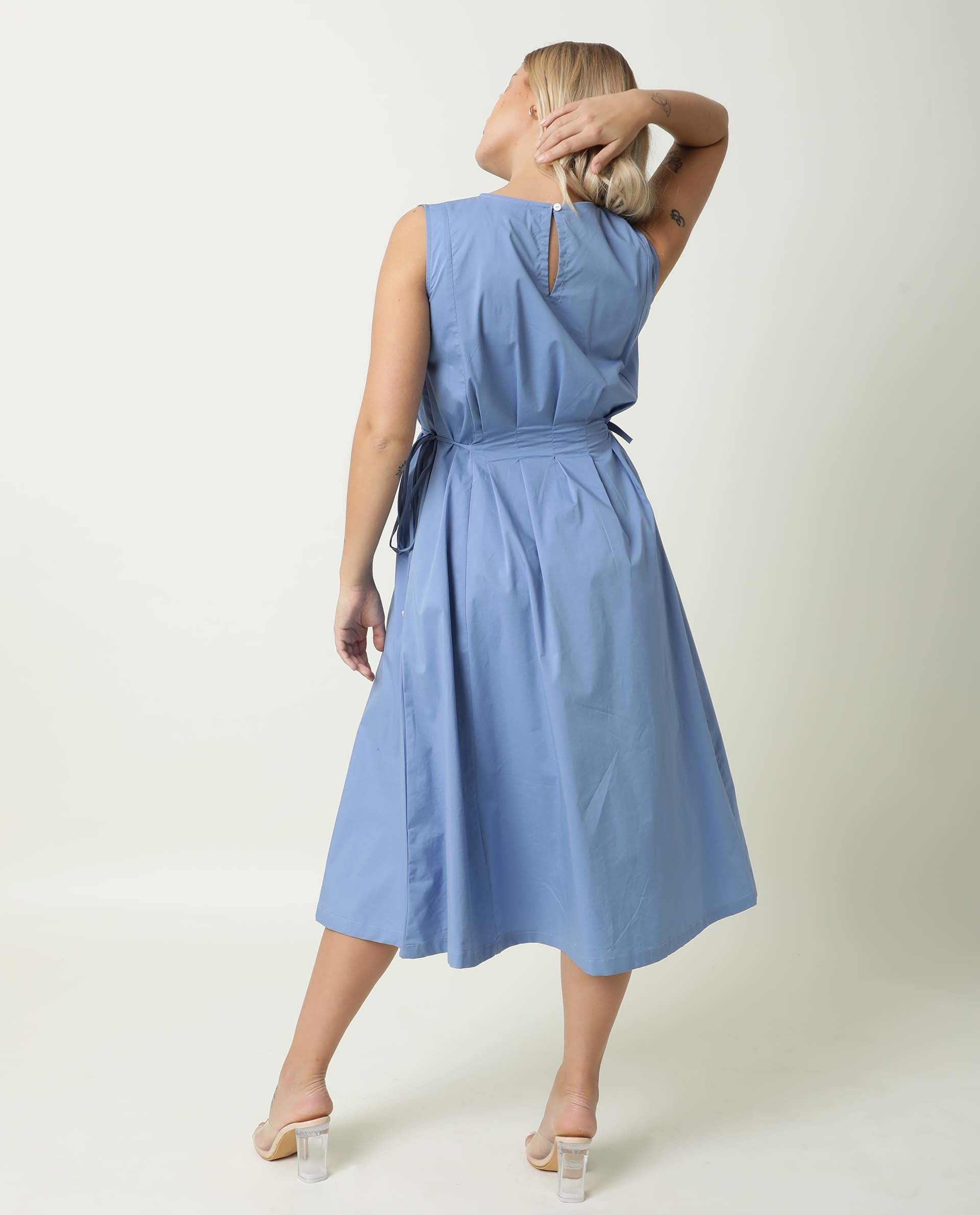 Rareism Women Zippo Blue Boat Neck Sleeveless Waist Drawstring With Back Button Closure And Pockets Midi Dress