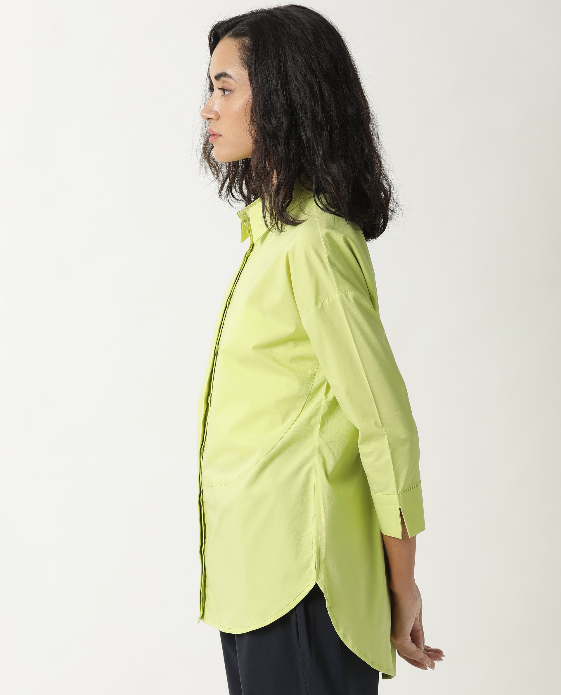 Rareism Womens Eleven Green Top Polyester Fabric Regular Fit 3/4 Sleeve Collared Neck