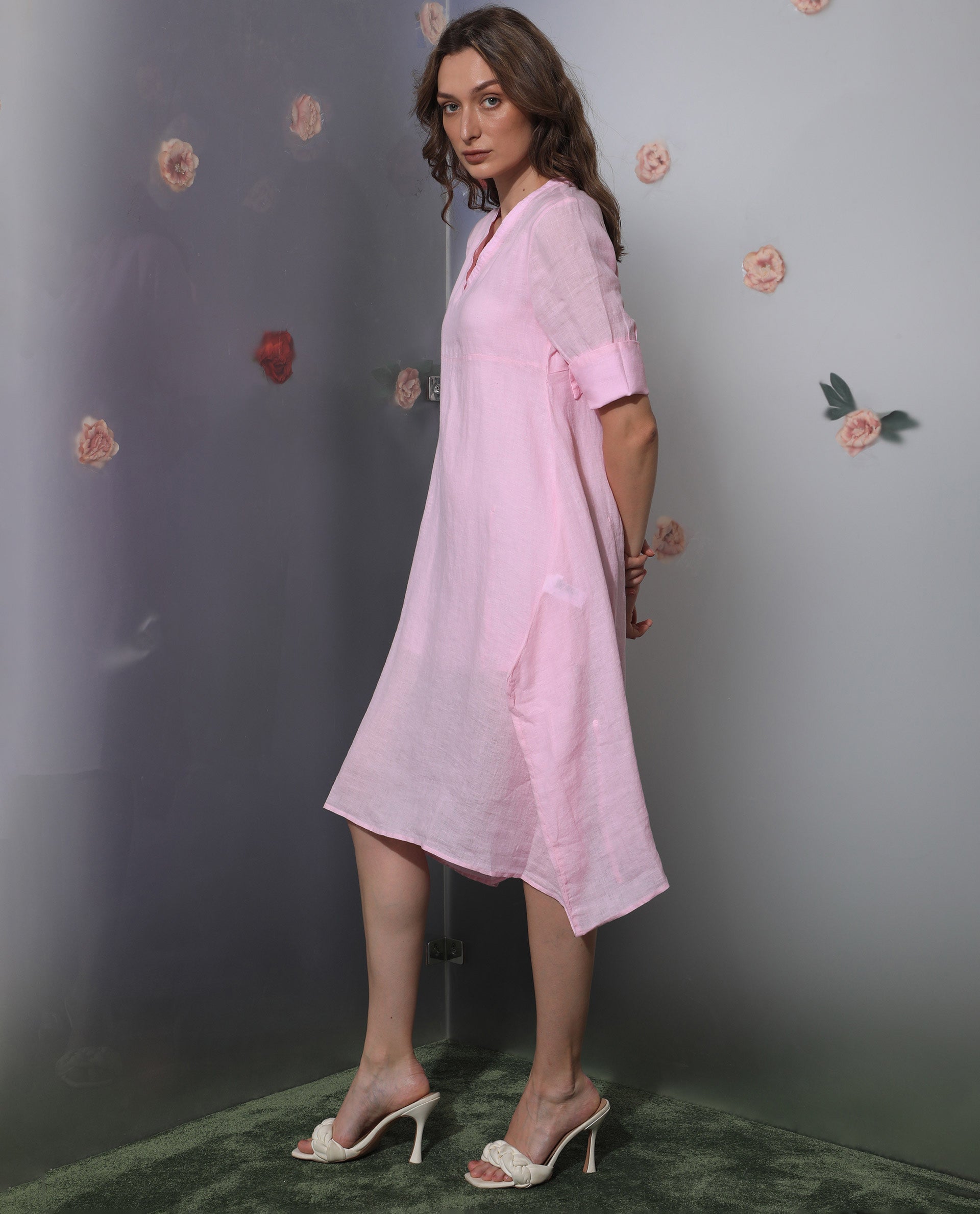 Rareism Women Chreey 1 Pink V Neck Tie-Up 3/4 Sleeves Symmetrical Knee Length Dress
