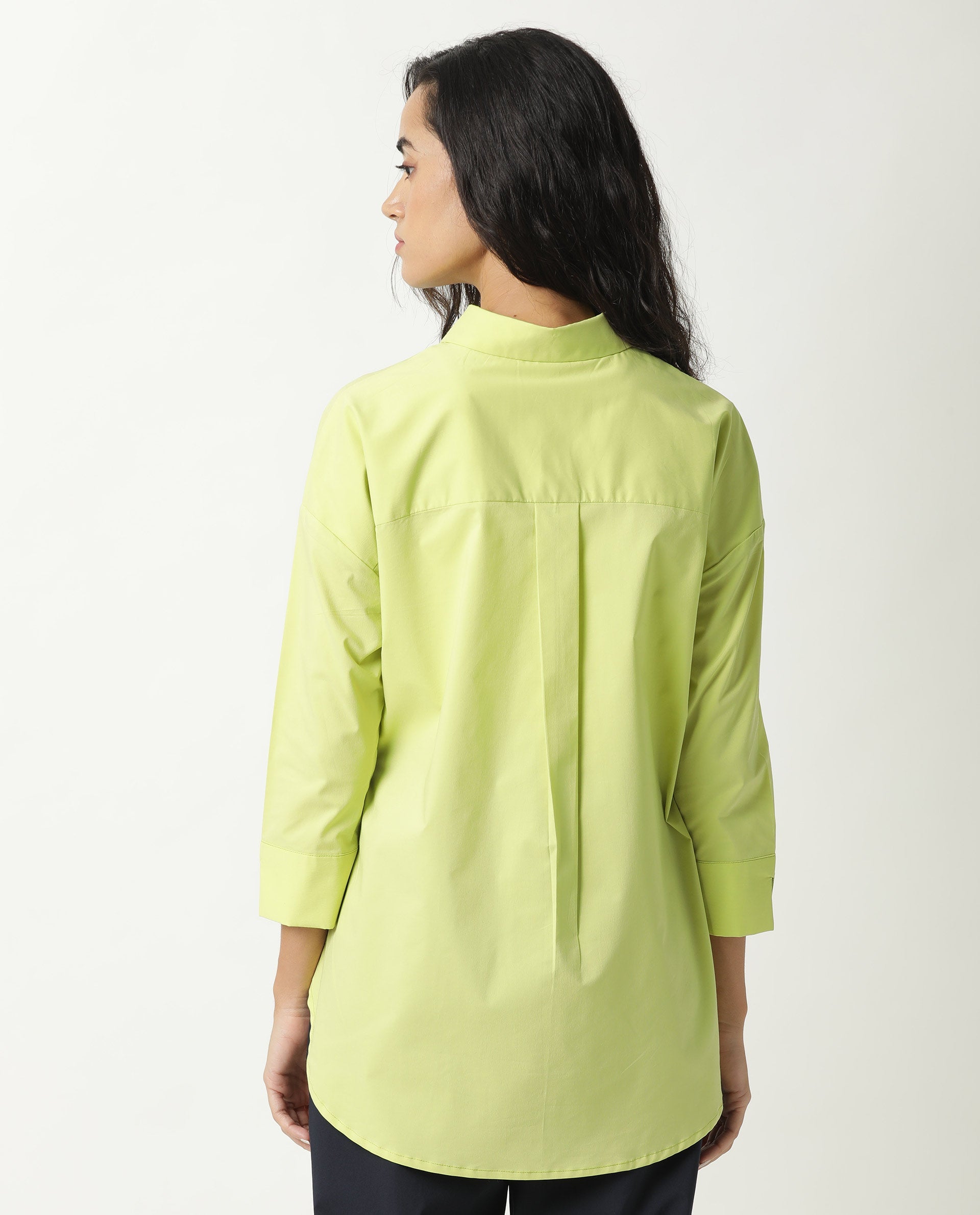 Rareism Womens Eleven Green Top Polyester Fabric Regular Fit 3/4 Sleeve Collared Neck