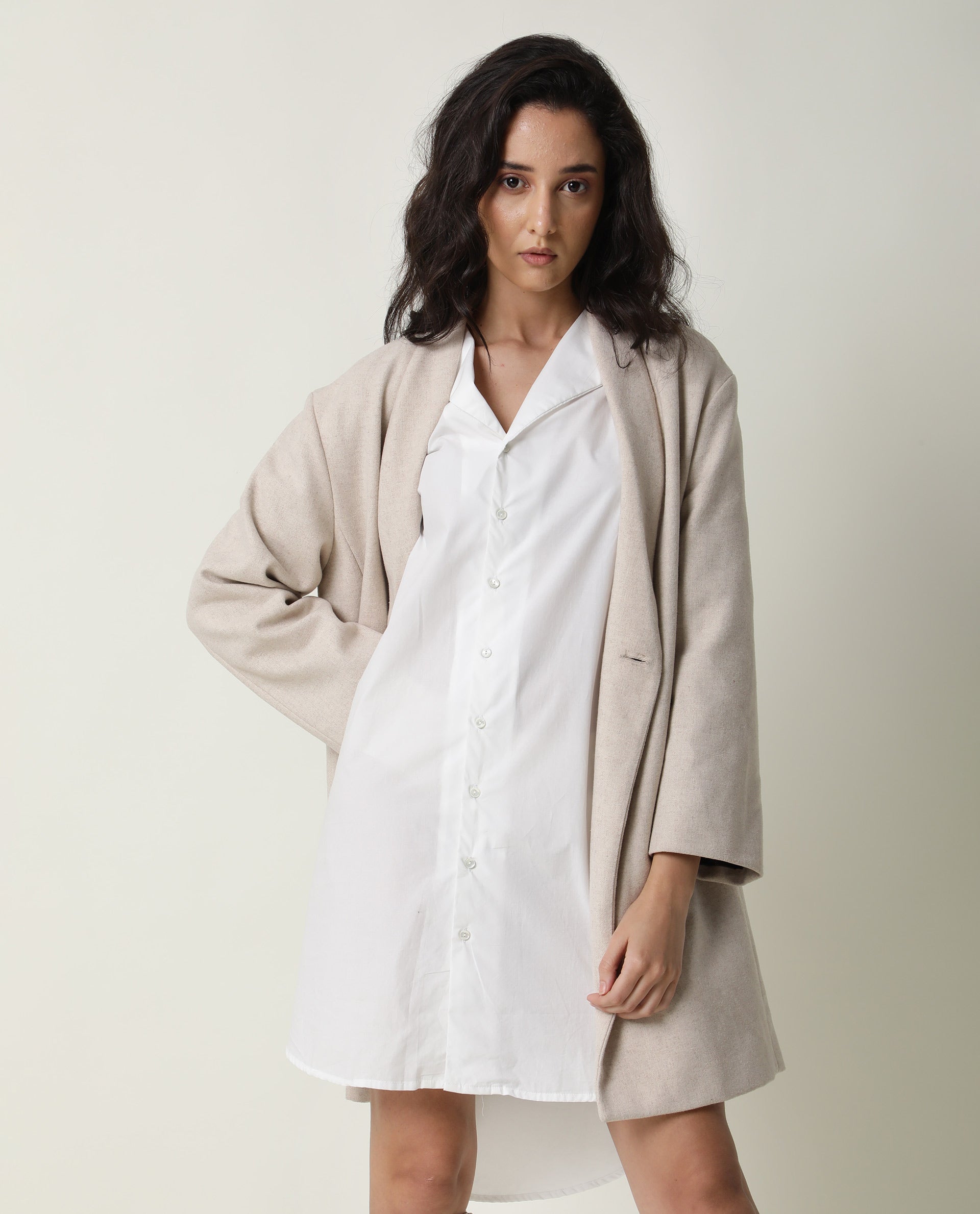 Rareism Women Tally White Cotton Fabric Full Sleeves Collared Neck Solid Short Dress