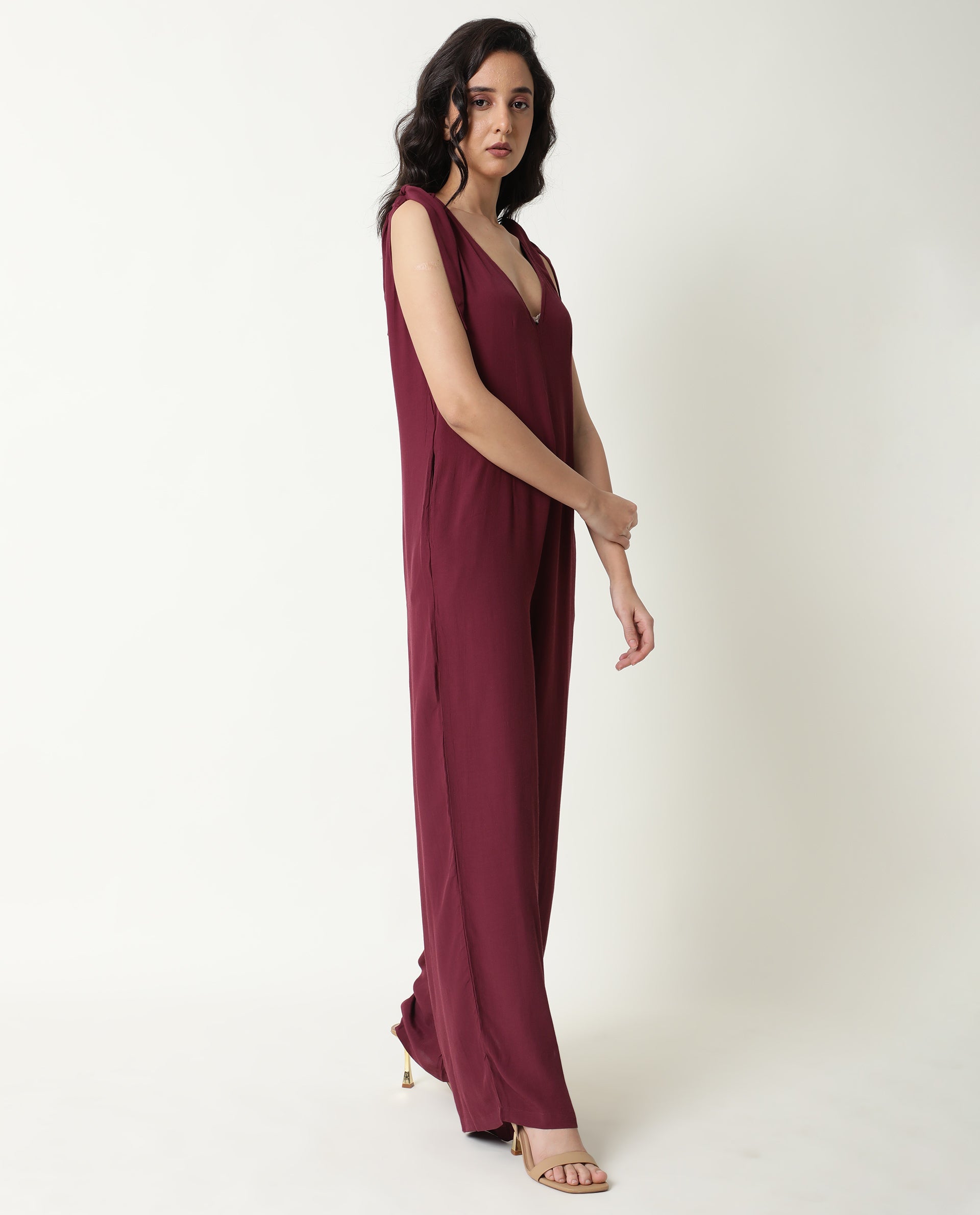 Rareism Women Pivot Maroon Viscose Fabric Tailored Fit Knee Length Solid Jumpsuit