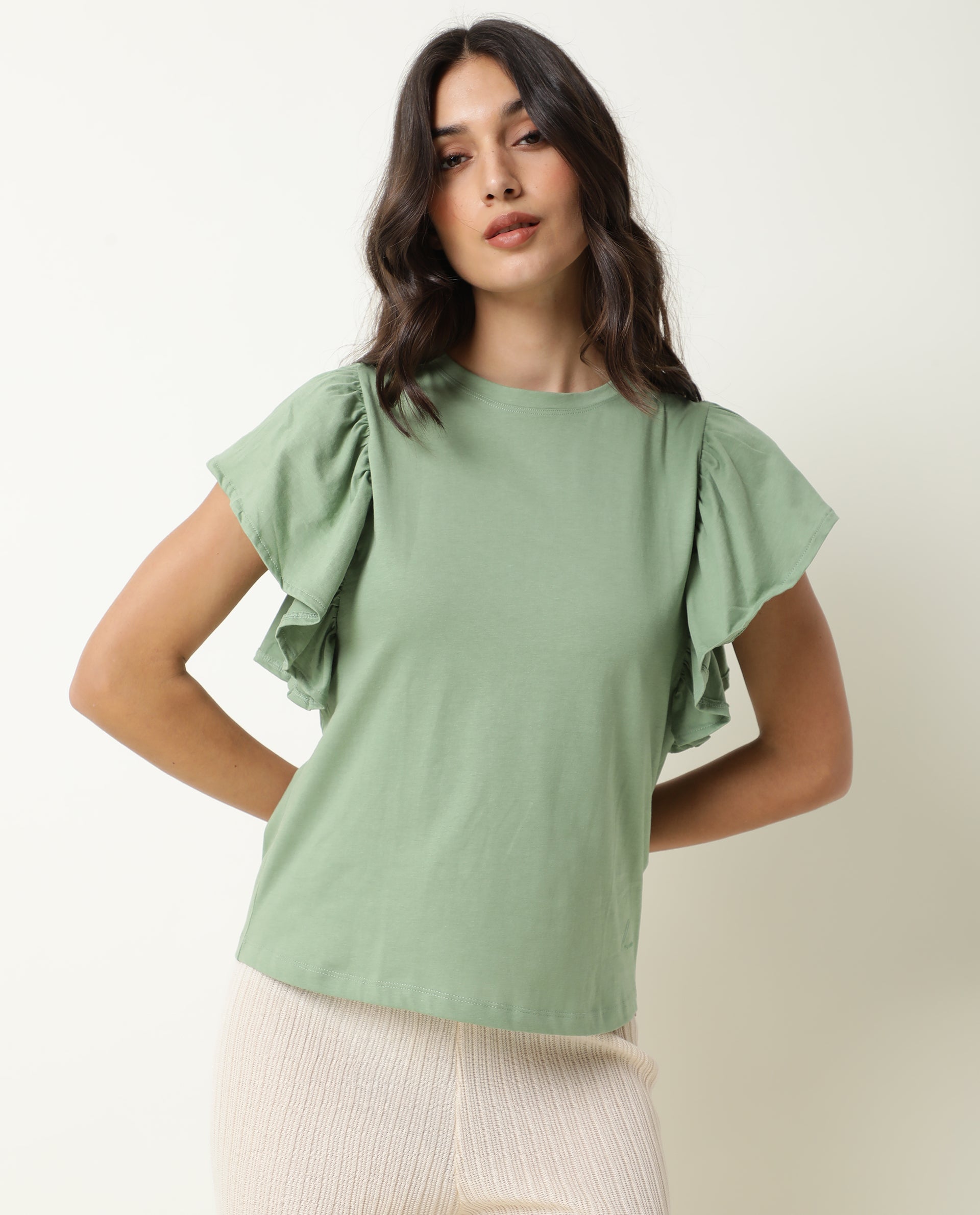Rareism Womens Yatch Green Top Cotton Fabric Regular Fit Ruffled Sleeves Crew Neck