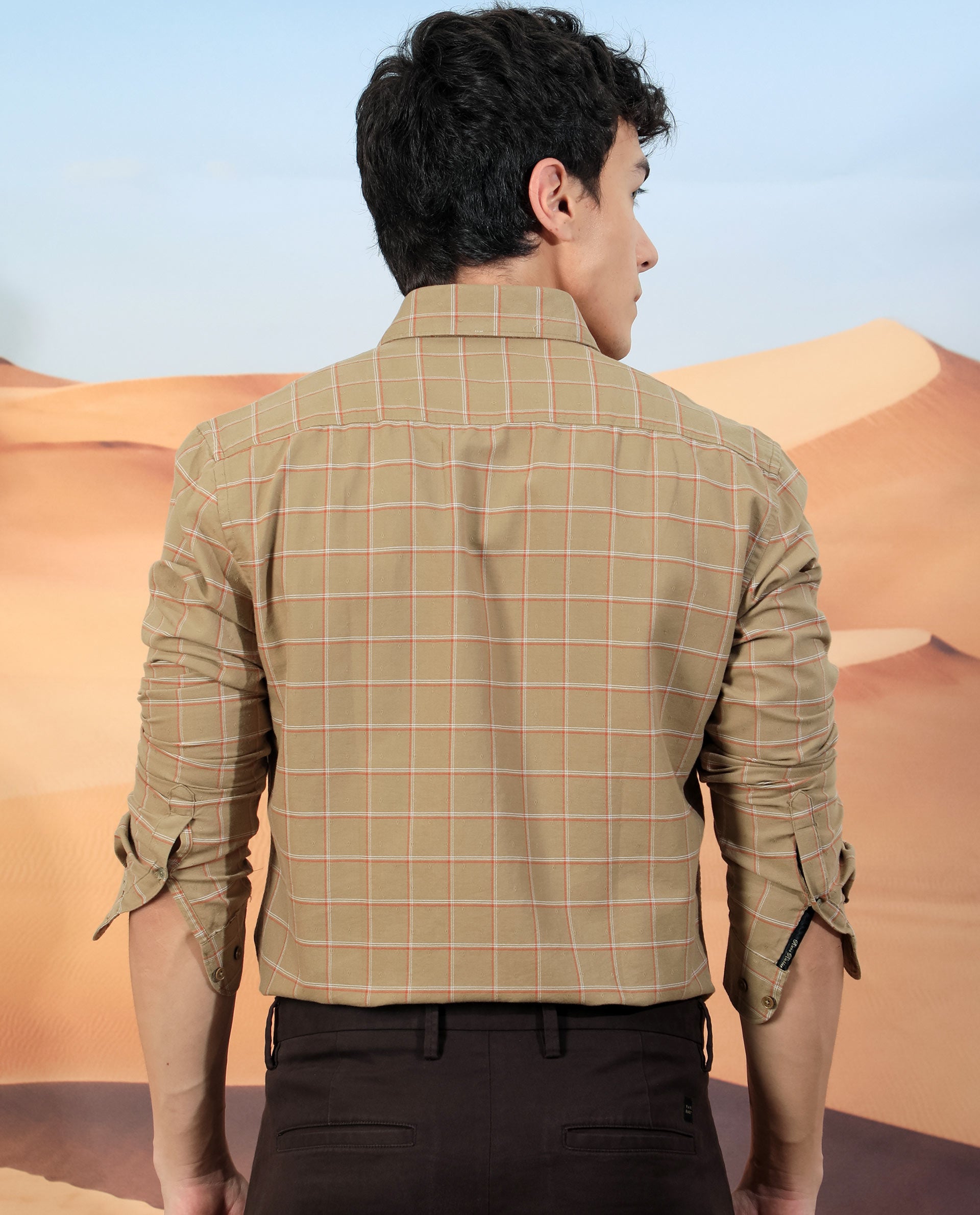 Rare Rabbit Men'S Lanny Beige Shirt Cotton Fabric Slim Fit Regular Collar Full Sleeve Duplin Check