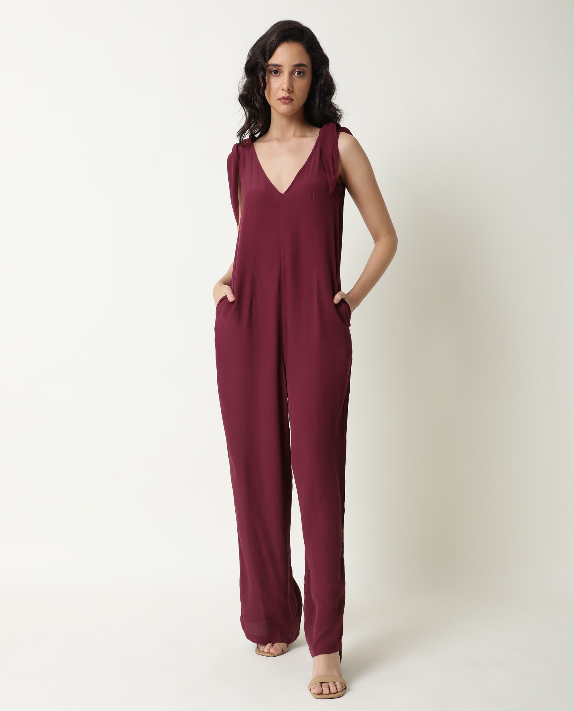 Rareism Women Pivot Maroon Viscose Fabric Tailored Fit Knee Length Solid Jumpsuit