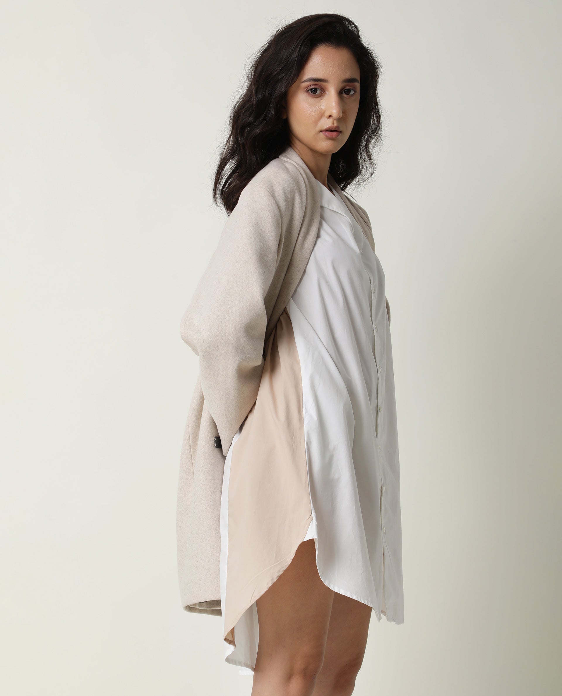 Rareism Women Tally White Cotton Fabric Full Sleeves Collared Neck Solid Short Dress