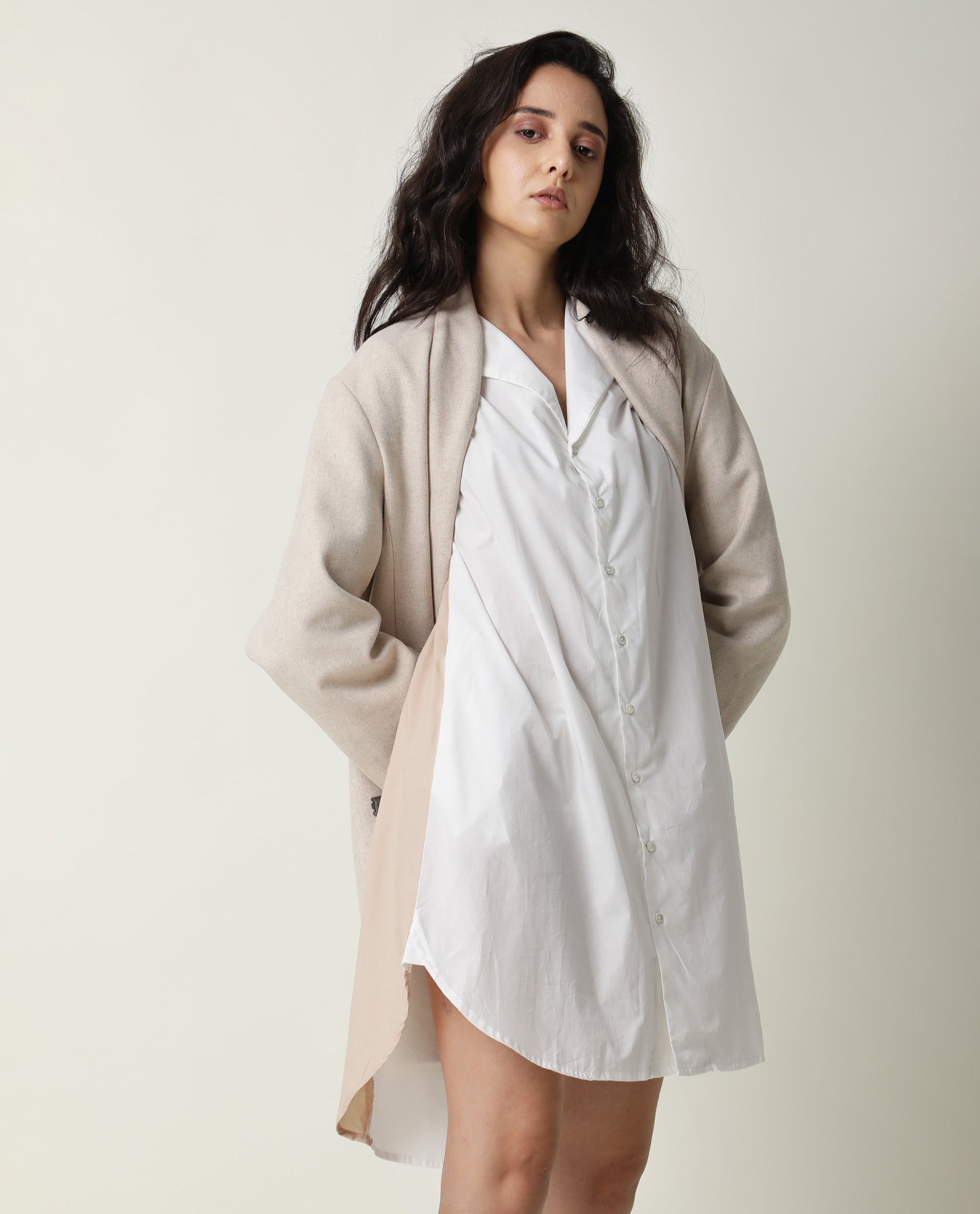 Rareism Women Tally White Cotton Fabric Full Sleeves Collared Neck Solid Short Dress