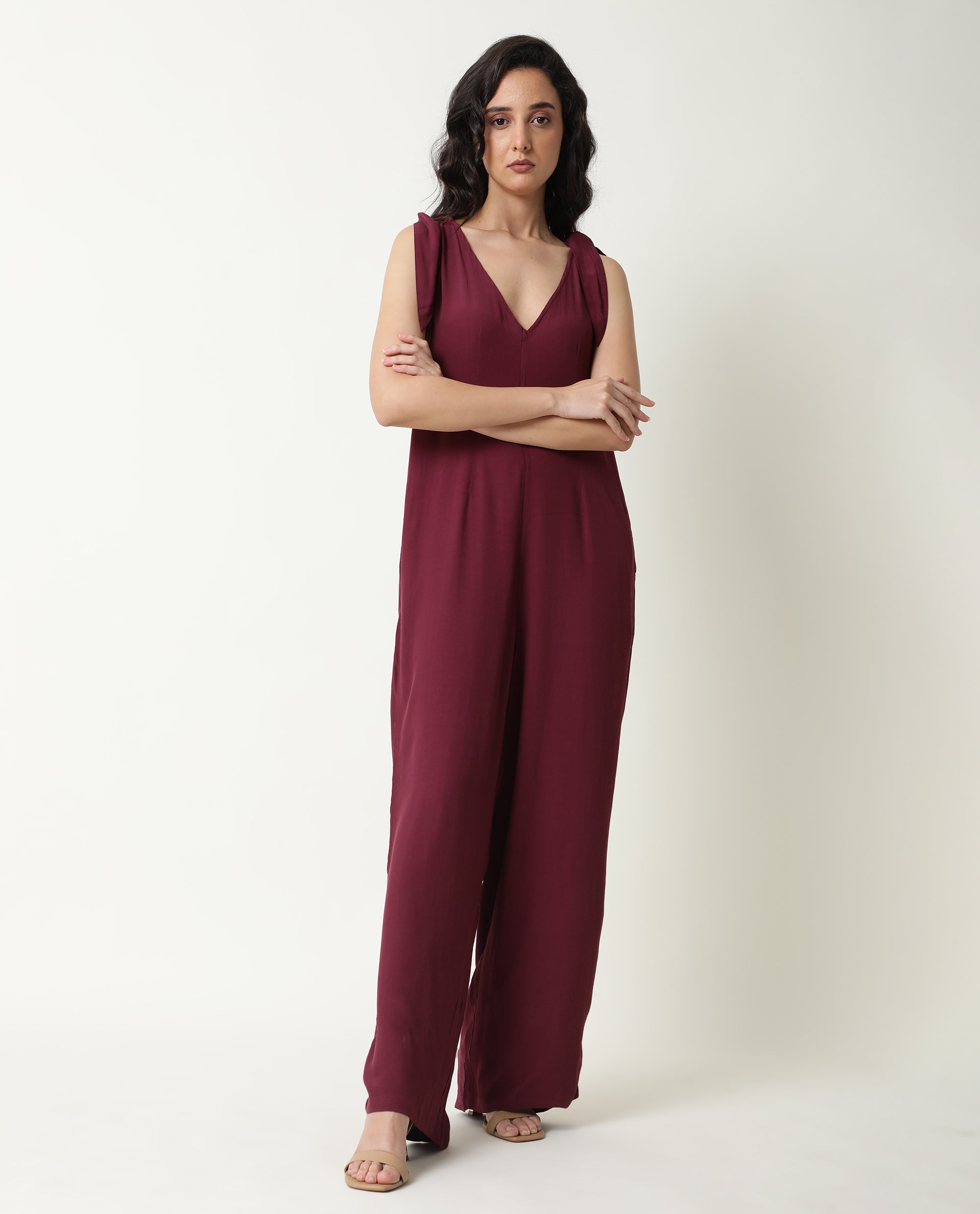 Rareism Women Pivot Maroon Viscose Fabric Tailored Fit Knee Length Solid Jumpsuit