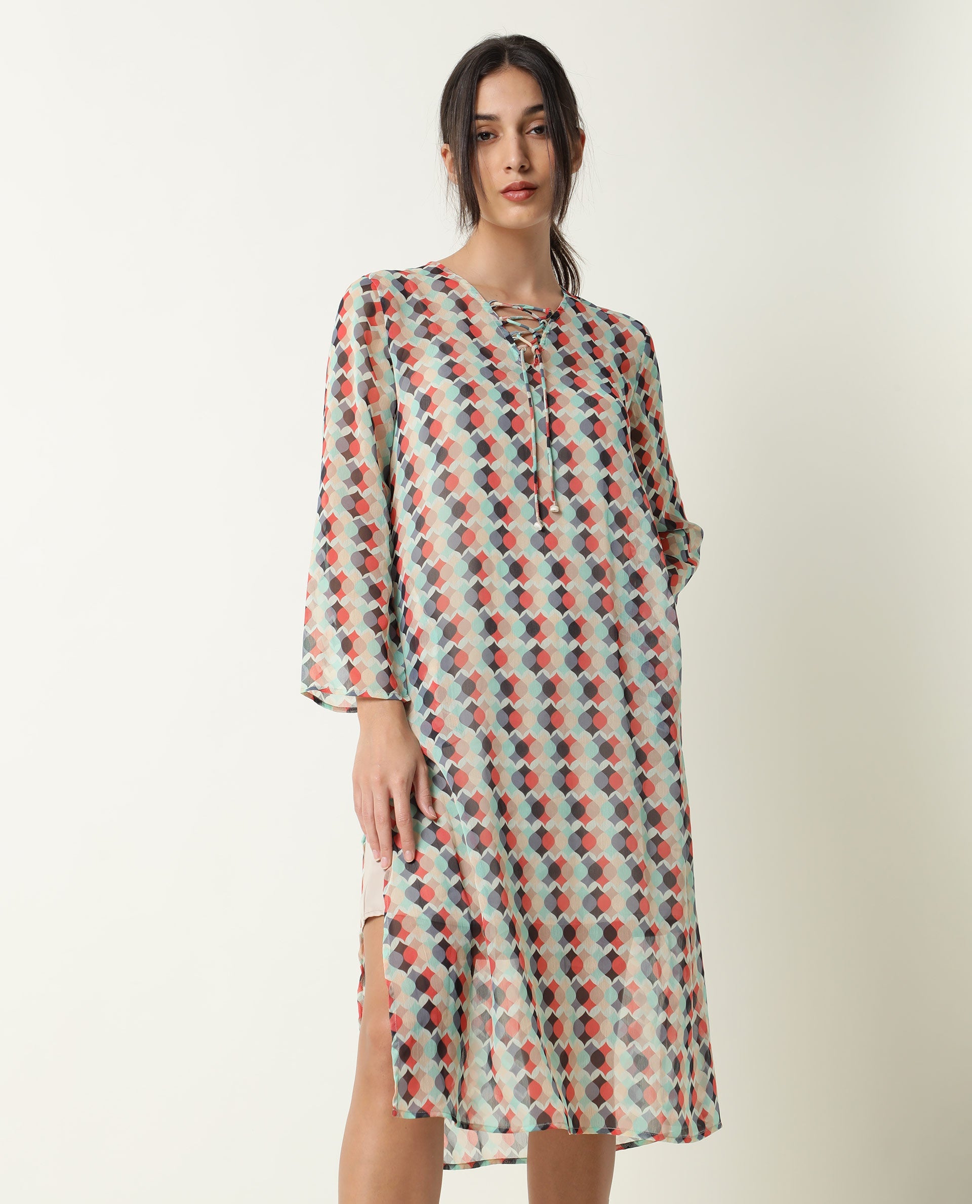 Rareism Women Mirun Multi Abstract Print Shoe Lace Tie Up 3/4 Sleeves Side Slit Sheer Kaftan Midi Dress