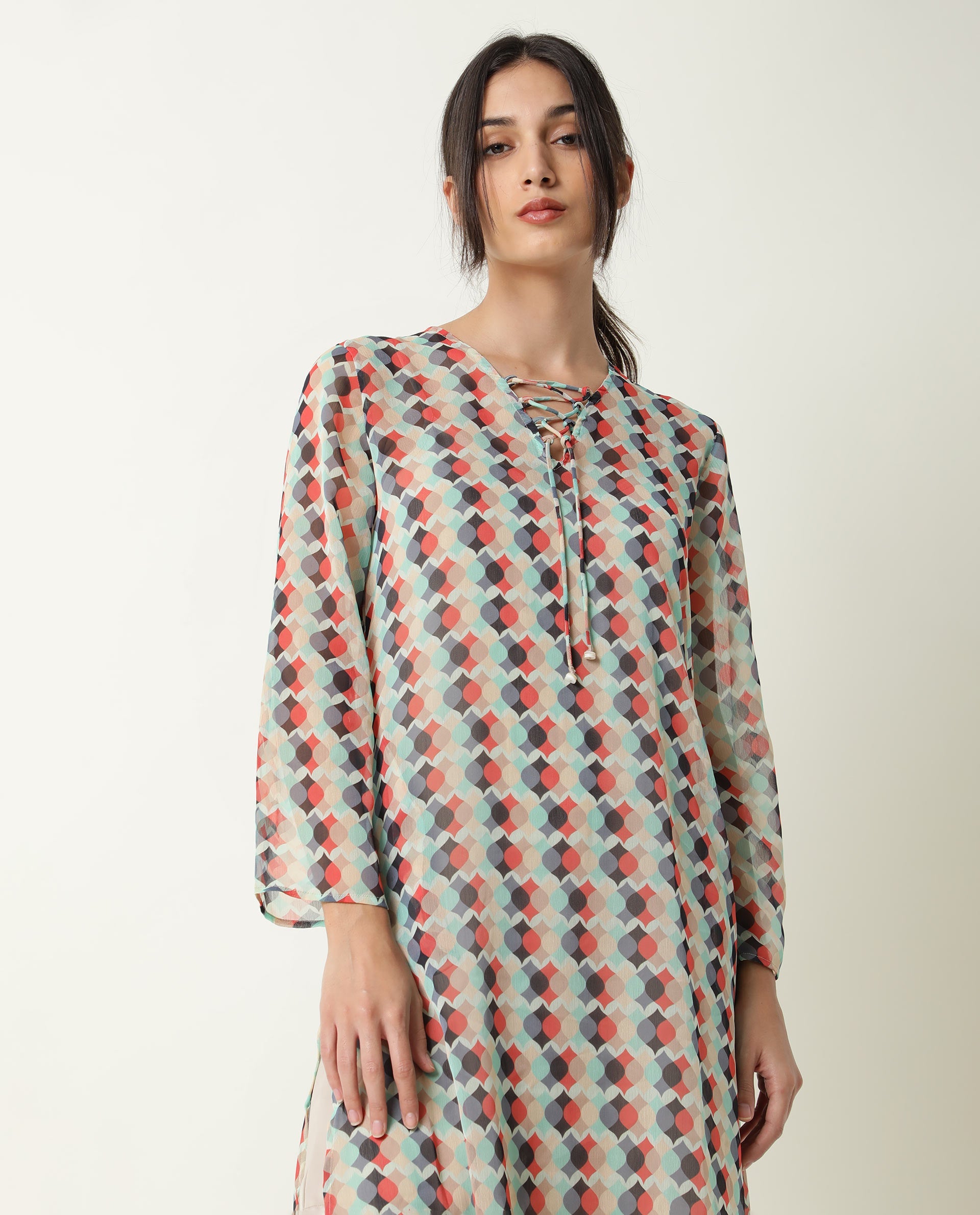 Rareism Women Mirun Multi Abstract Print Shoe Lace Tie Up 3/4 Sleeves Side Slit Sheer Kaftan Midi Dress