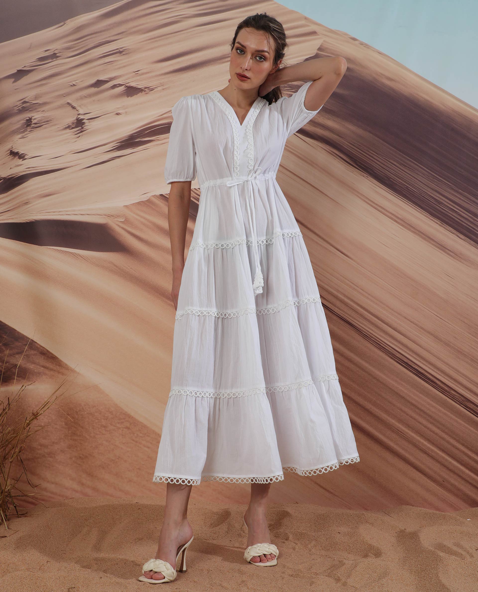 Rareism Women Rivoli White V Neck Balloon Sleeves With Elastic Waist And Pockets Tiered Maxi Dress