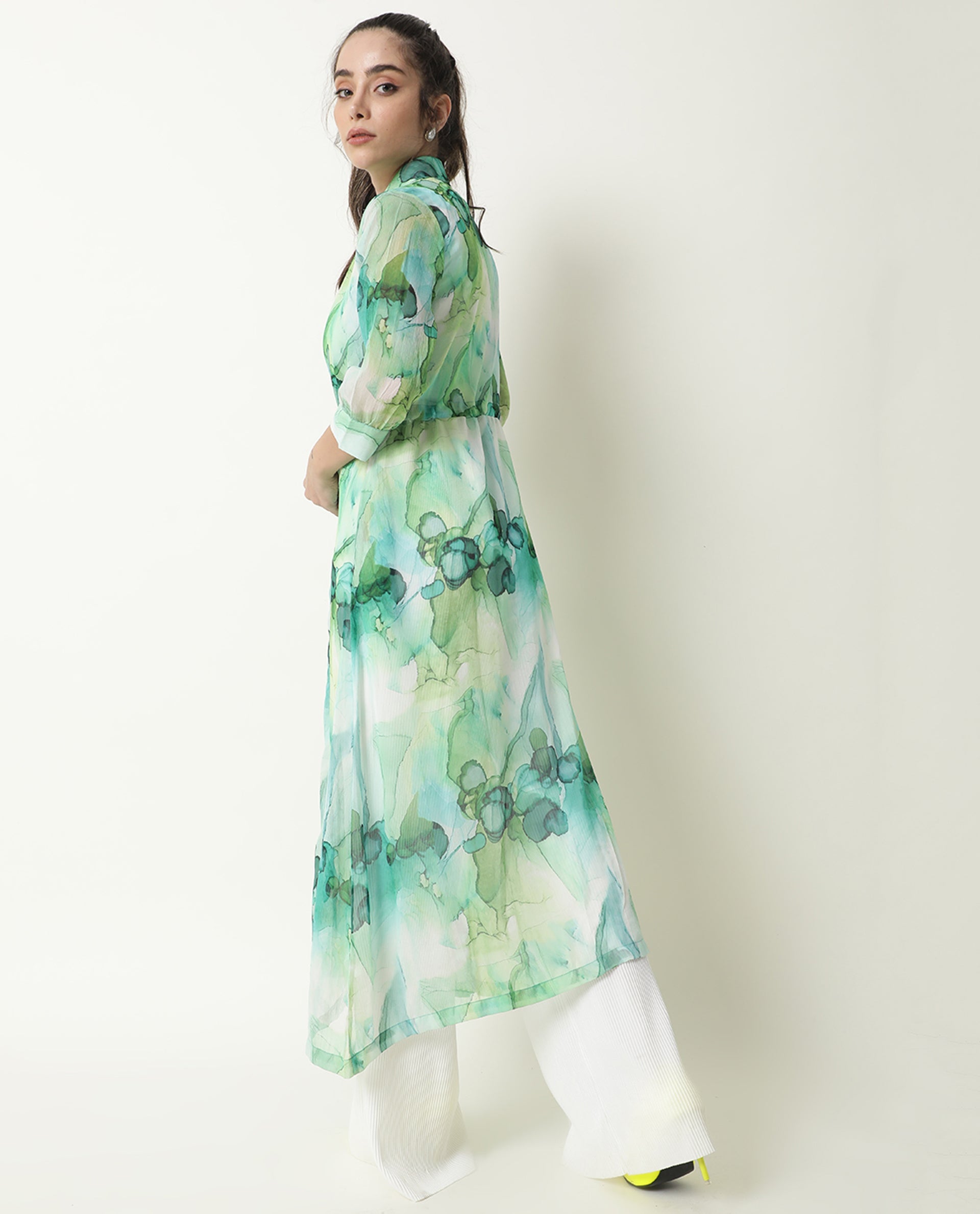 Rareism Women Jamaica Green Printed Shirt Collar Full Sleeves Front Button Placket Waist Drawstring Pockets Maxi Dress