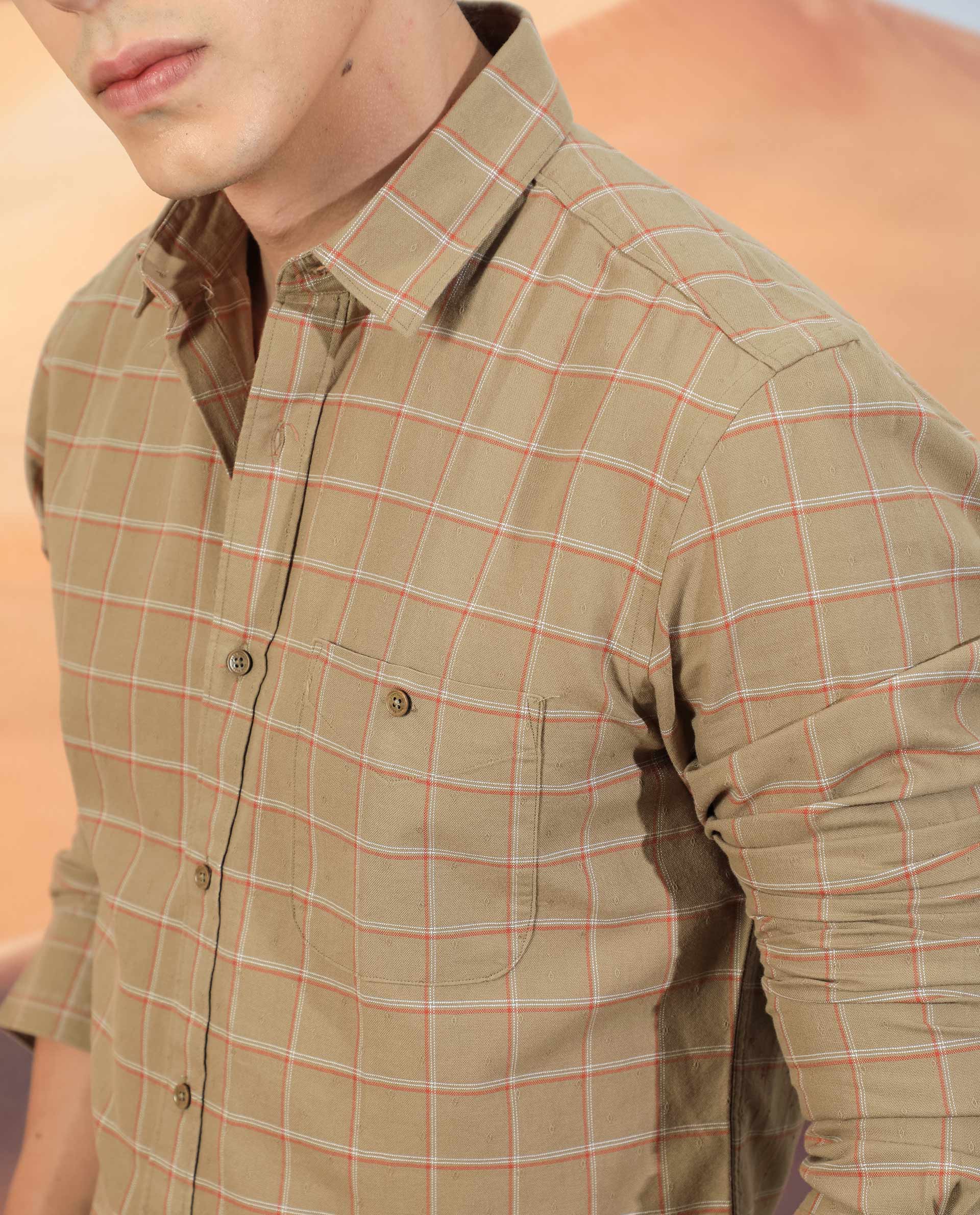 Rare Rabbit Men'S Lanny Beige Shirt Cotton Fabric Slim Fit Regular Collar Full Sleeve Duplin Check