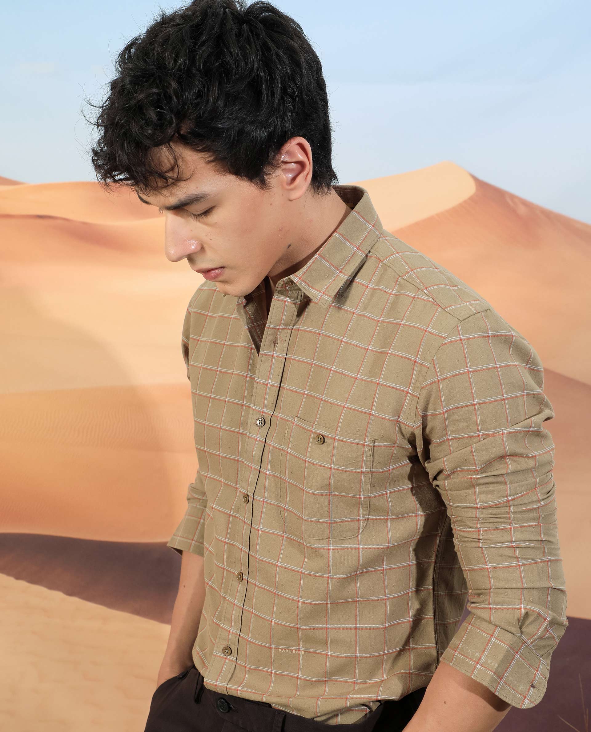 Rare Rabbit Men'S Lanny Beige Shirt Cotton Fabric Slim Fit Regular Collar Full Sleeve Duplin Check