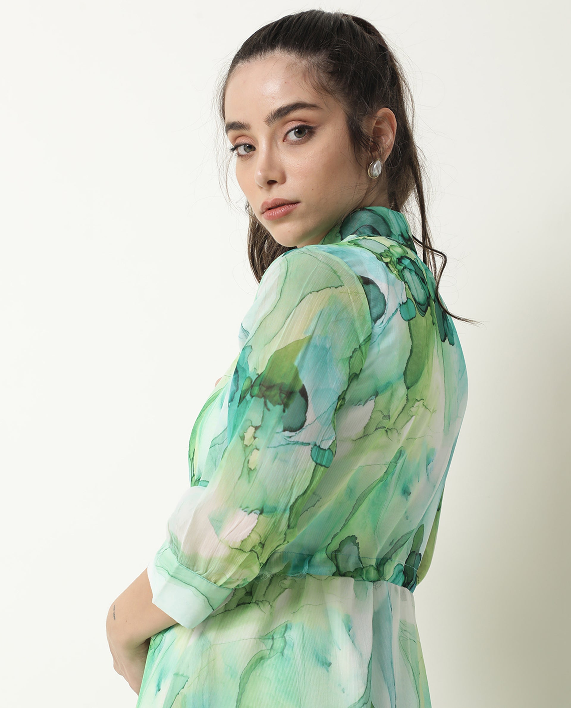 Rareism Women Jamaica Green Printed Shirt Collar Full Sleeves Front Button Placket Waist Drawstring Pockets Maxi Dress