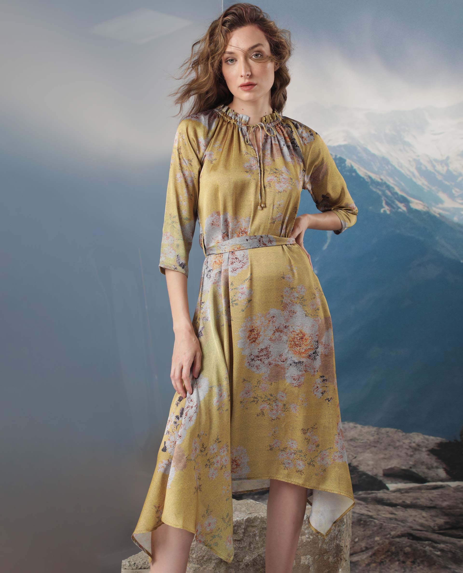 Rareism Women Journee Dark Yellow Polyester Fabric 3/4Th Sleeves Ruffled Neck Regular Fit Floral Print Midi Asymmetric Dress