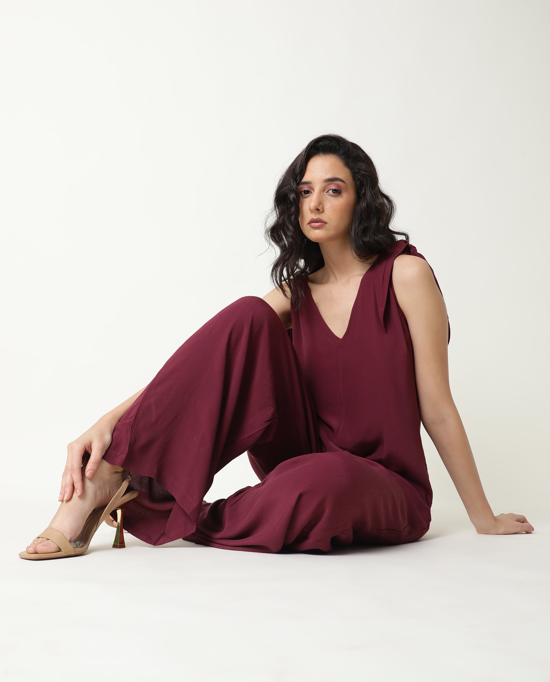 Rareism Women Pivot Maroon Viscose Fabric Tailored Fit Knee Length Solid Jumpsuit