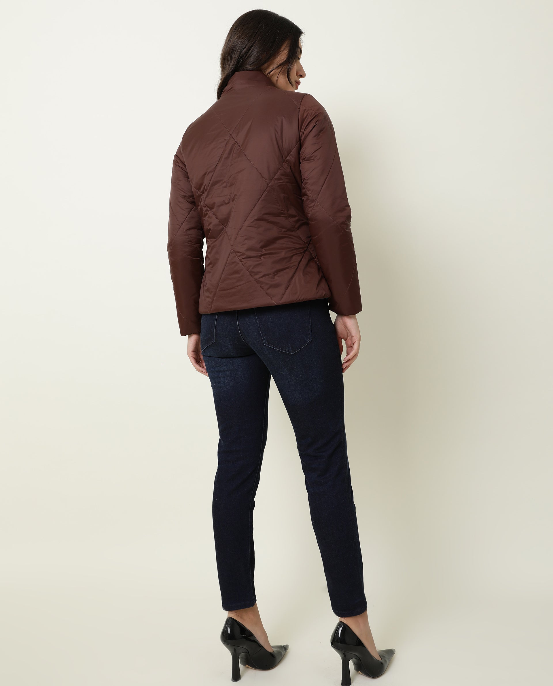 Rareism Women Cora Maroon Polyester Fabric Full Sleeves Solid High Neck Jacket
