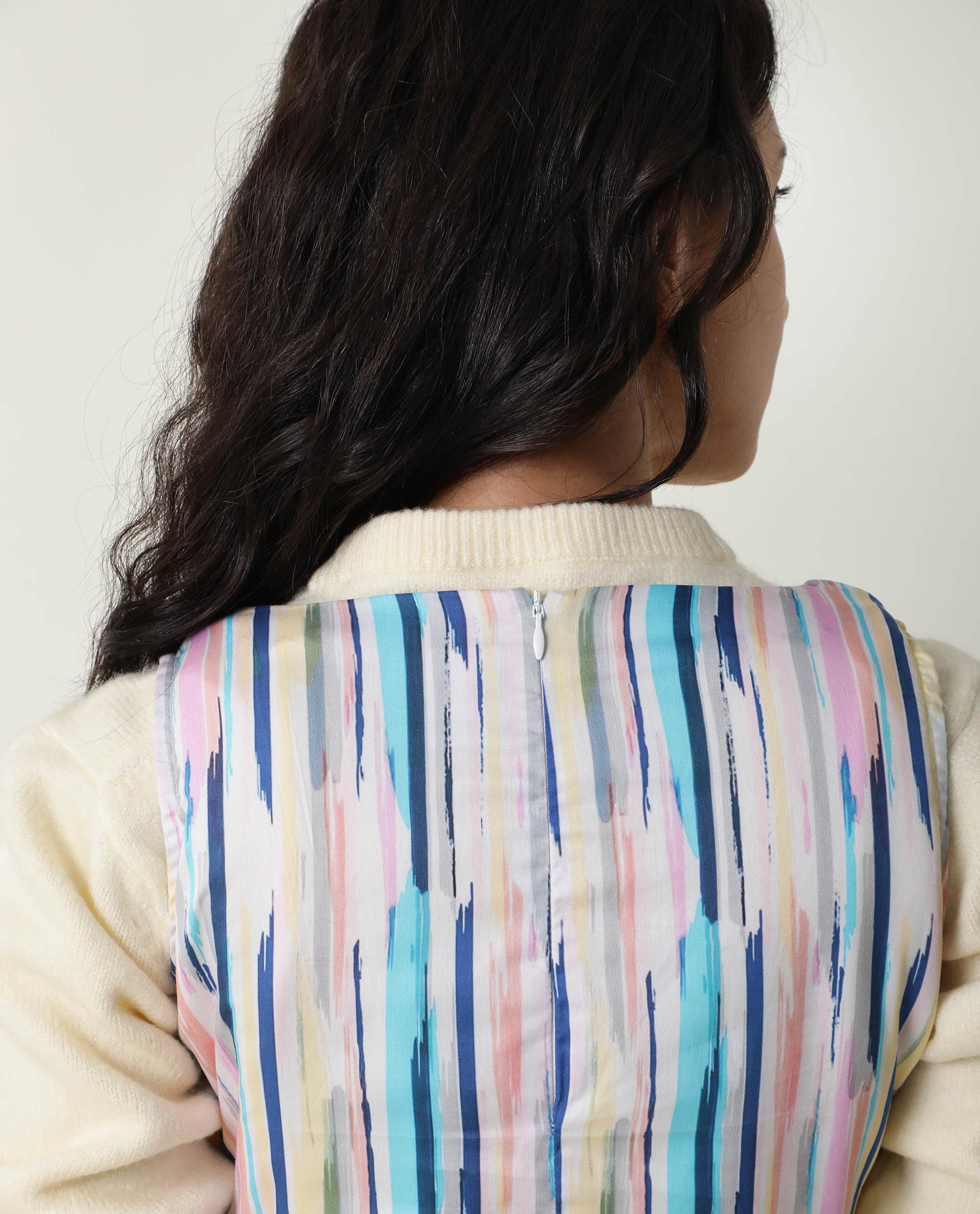 Rareism Women Nano Multi Striped V Neck Sleeveless With Pockets Mini Dress