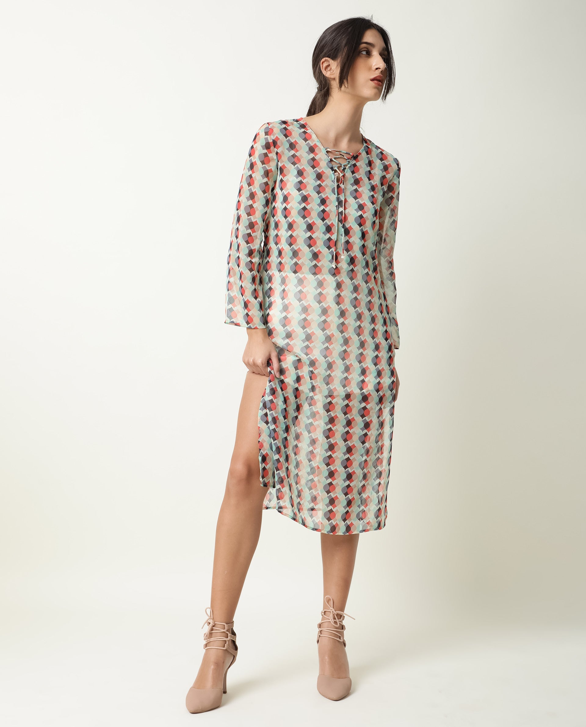 Rareism Women Mirun Multi Abstract Print Shoe Lace Tie Up 3/4 Sleeves Side Slit Sheer Kaftan Midi Dress