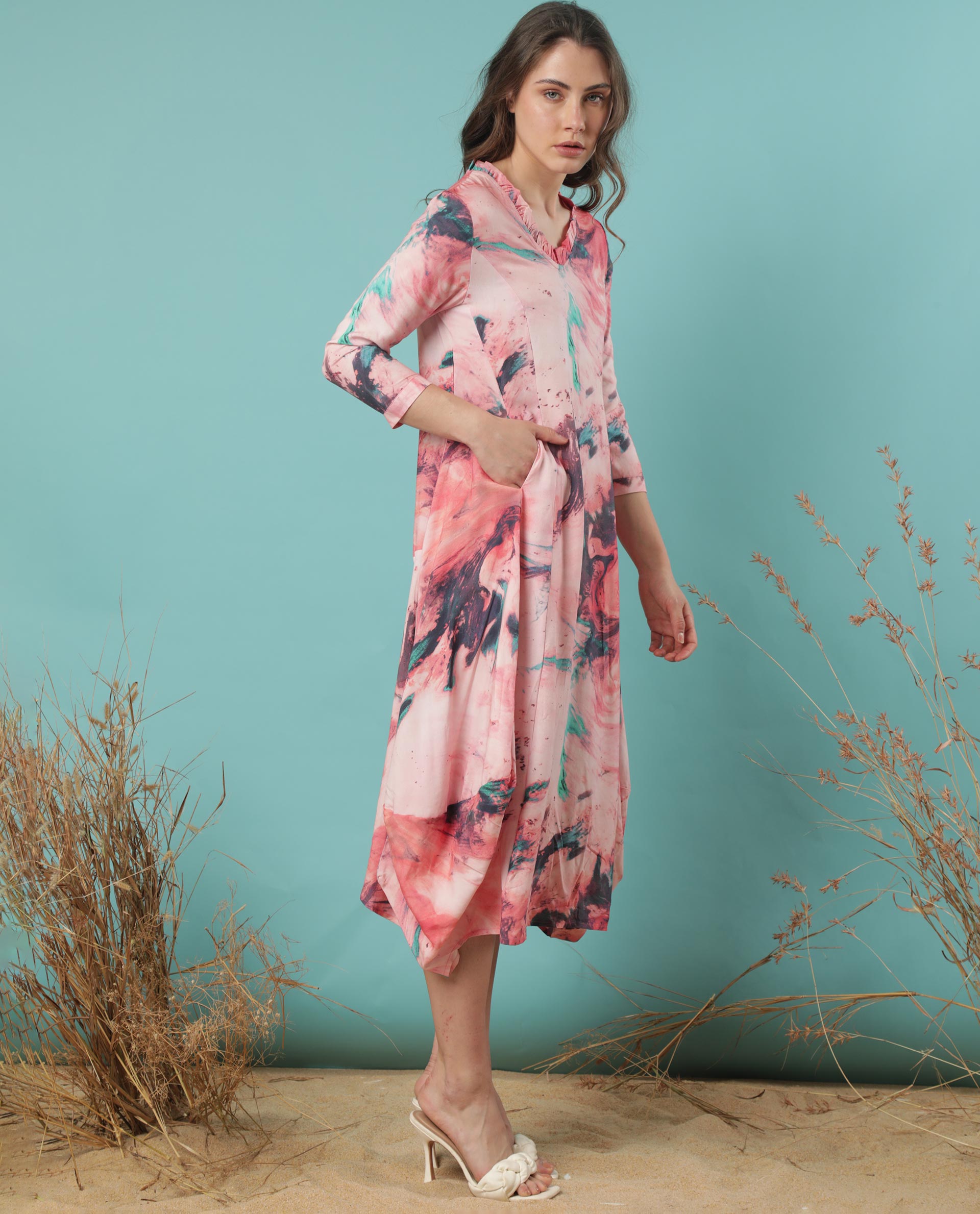 Rareism Women Park Multi Abstract Ruffled V Neck 3/4 Sleeves With Pockets Asymmetrical Midi Dress