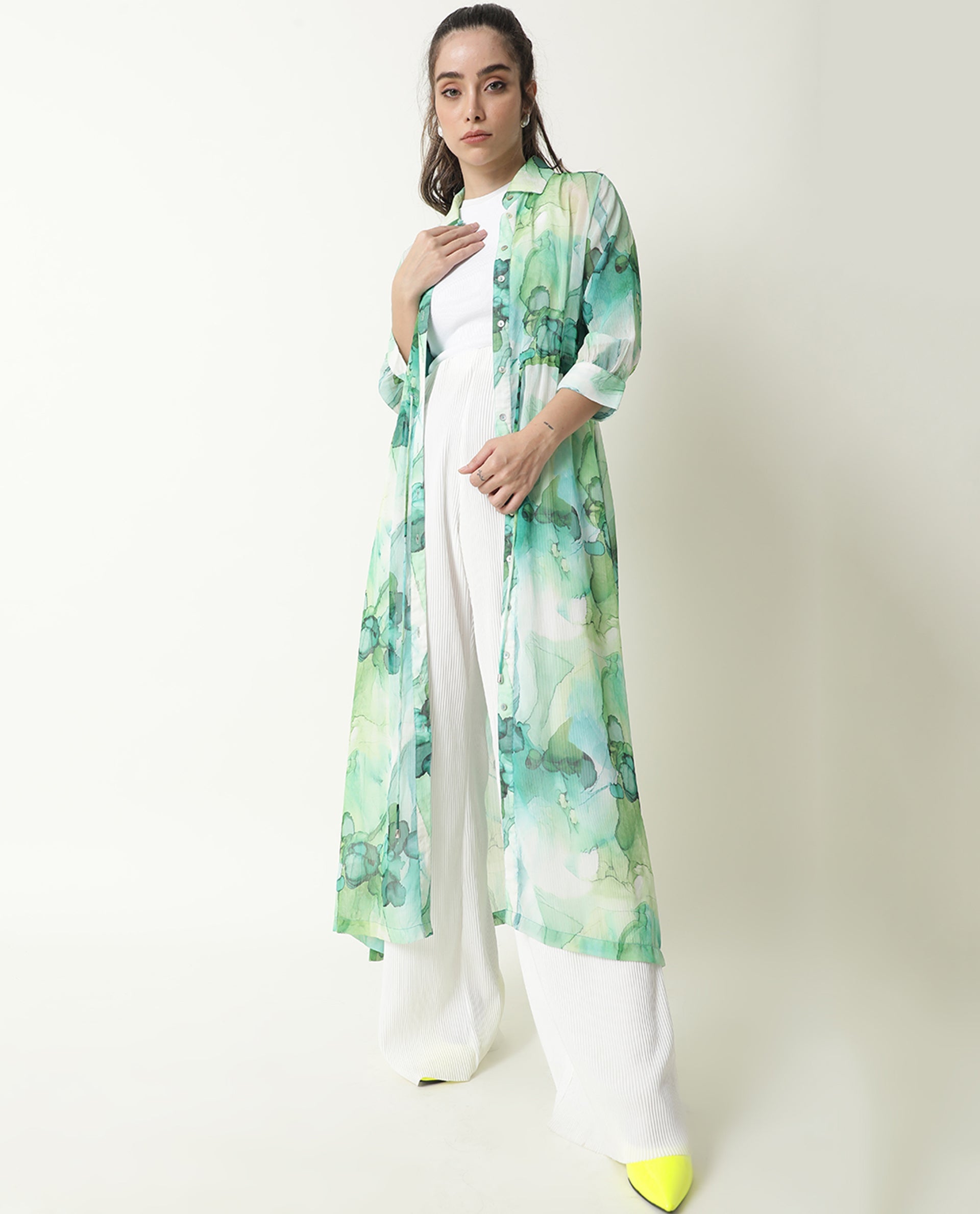 Rareism Women Jamaica Green Printed Shirt Collar Full Sleeves Front Button Placket Waist Drawstring Pockets Maxi Dress
