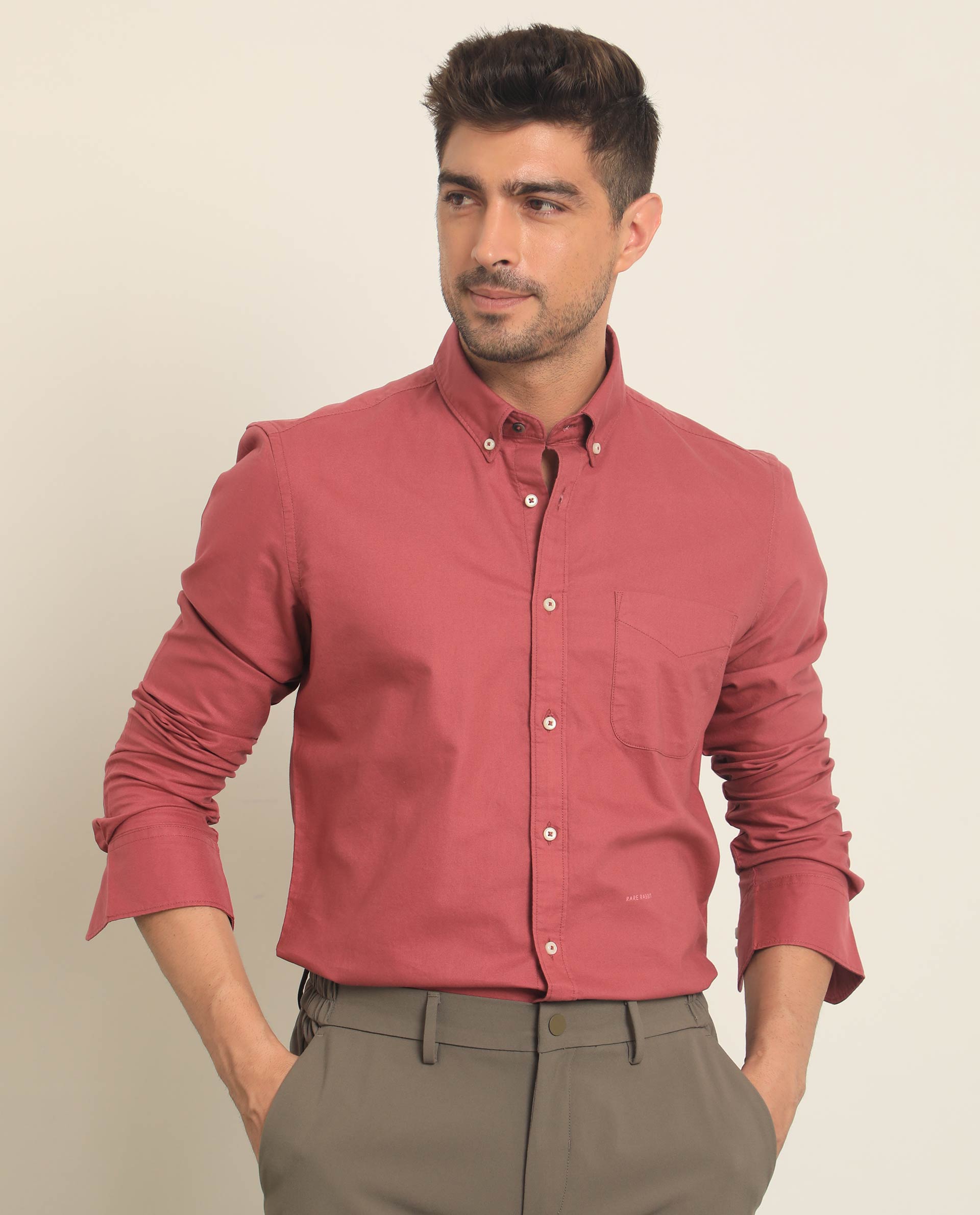 Rare Rabbit Men's Auxfo Pink Cotton Fabric Full Sleeves Solid Shirt