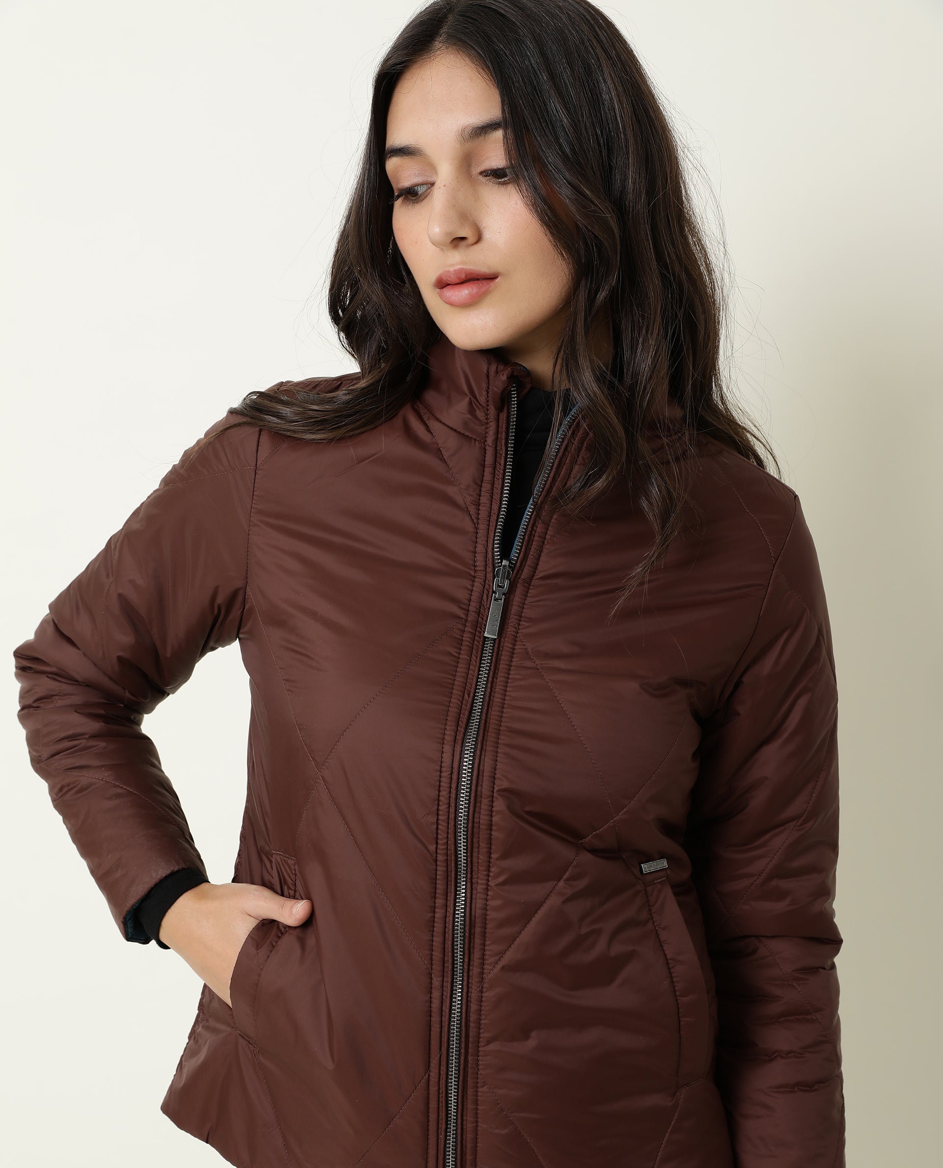 Rareism Women Cora Maroon Polyester Fabric Full Sleeves Solid High Neck Jacket